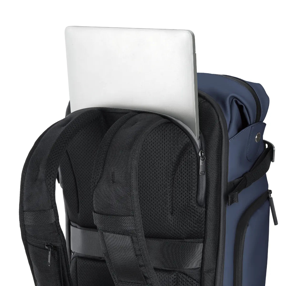 Blue backpack with a laptop slot on a white background