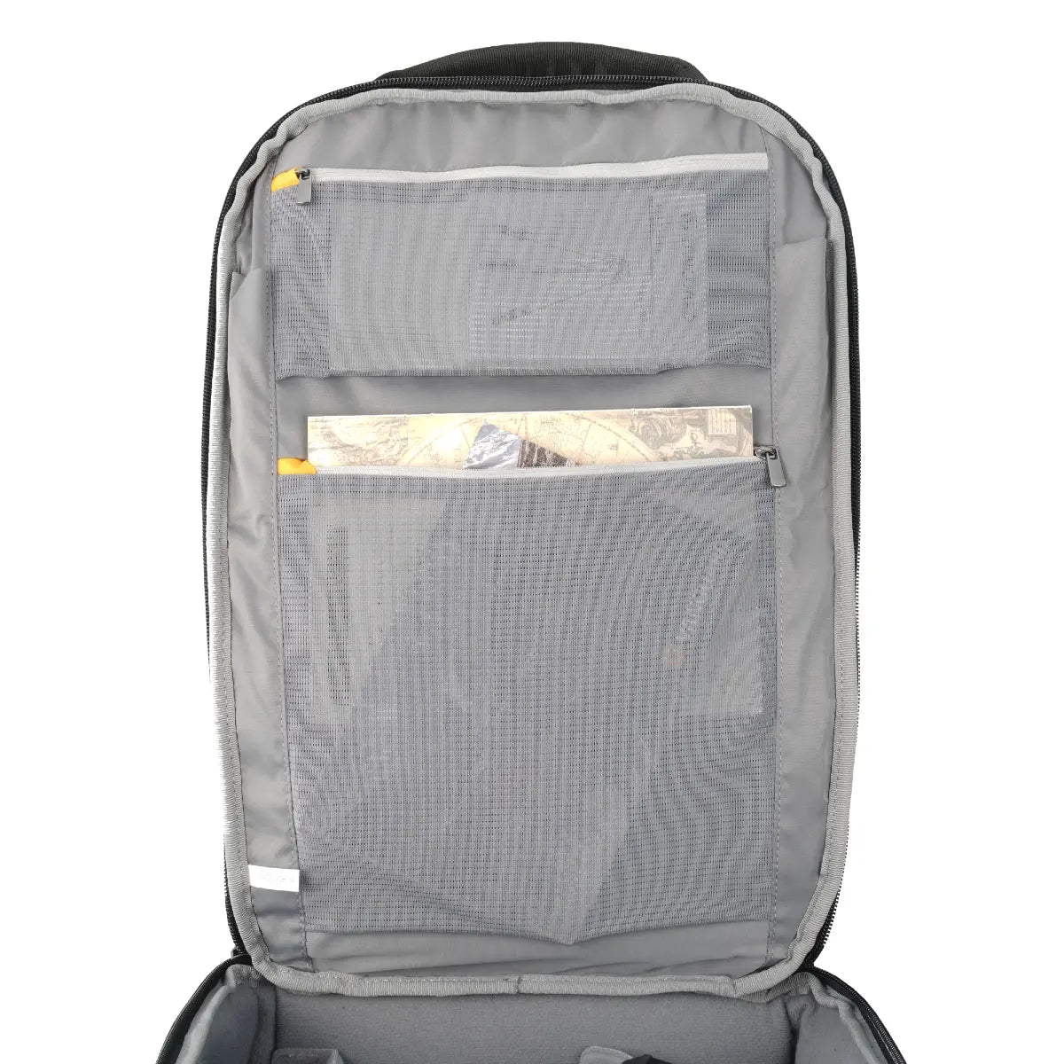 Gray backpack with a front pocket on a white background