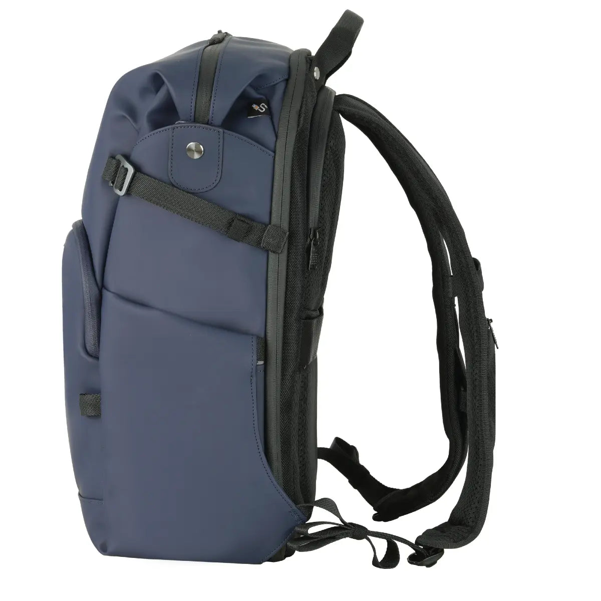Blue backpack with black straps on a white background
