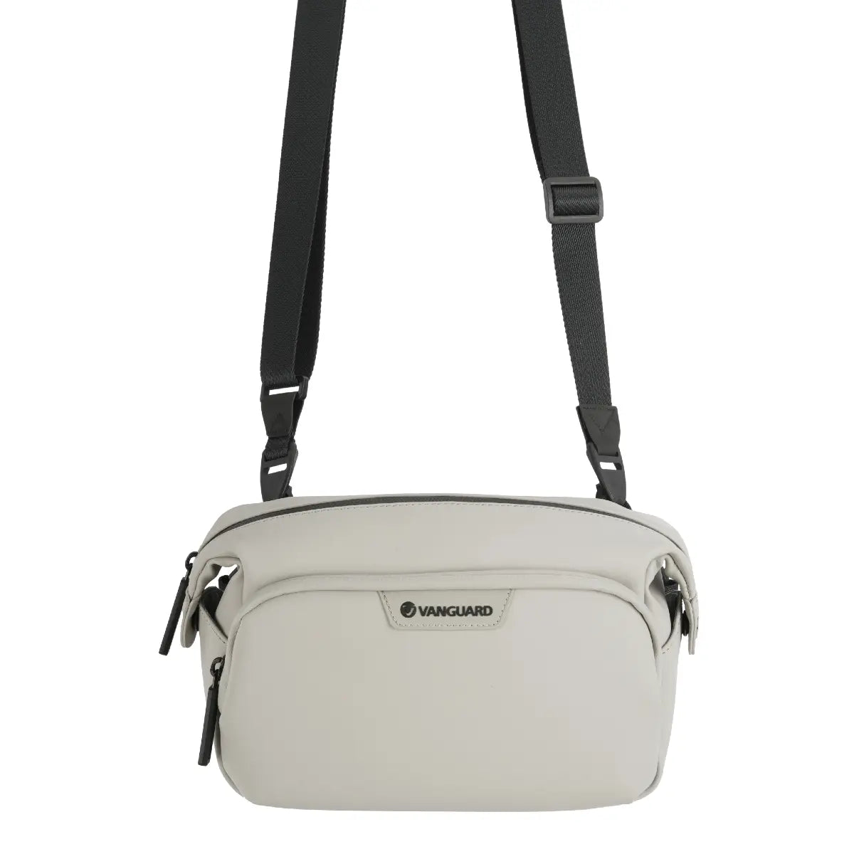 Light gray shoulder bag with black straps on a white background