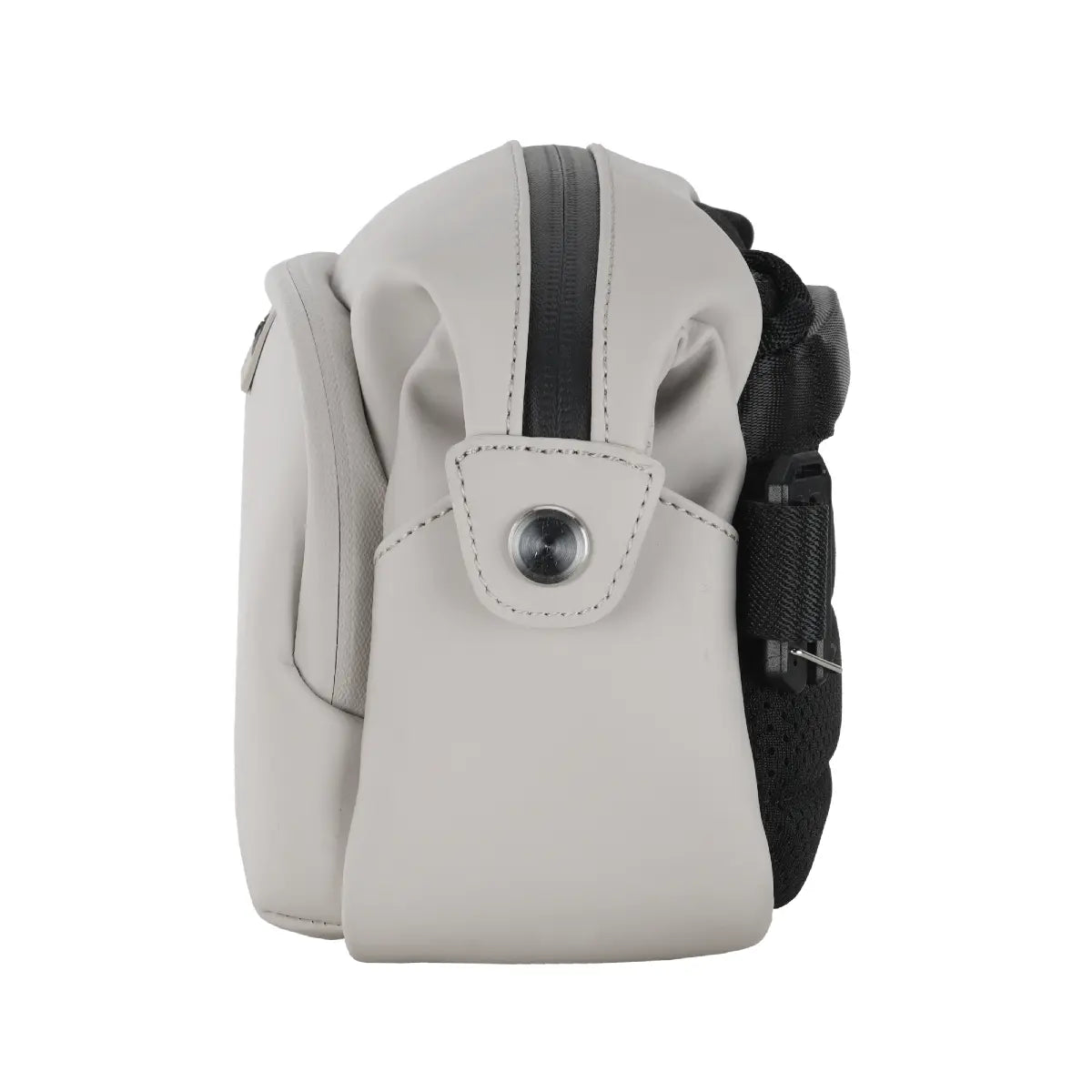 Gray backpack with a black strap on a white background