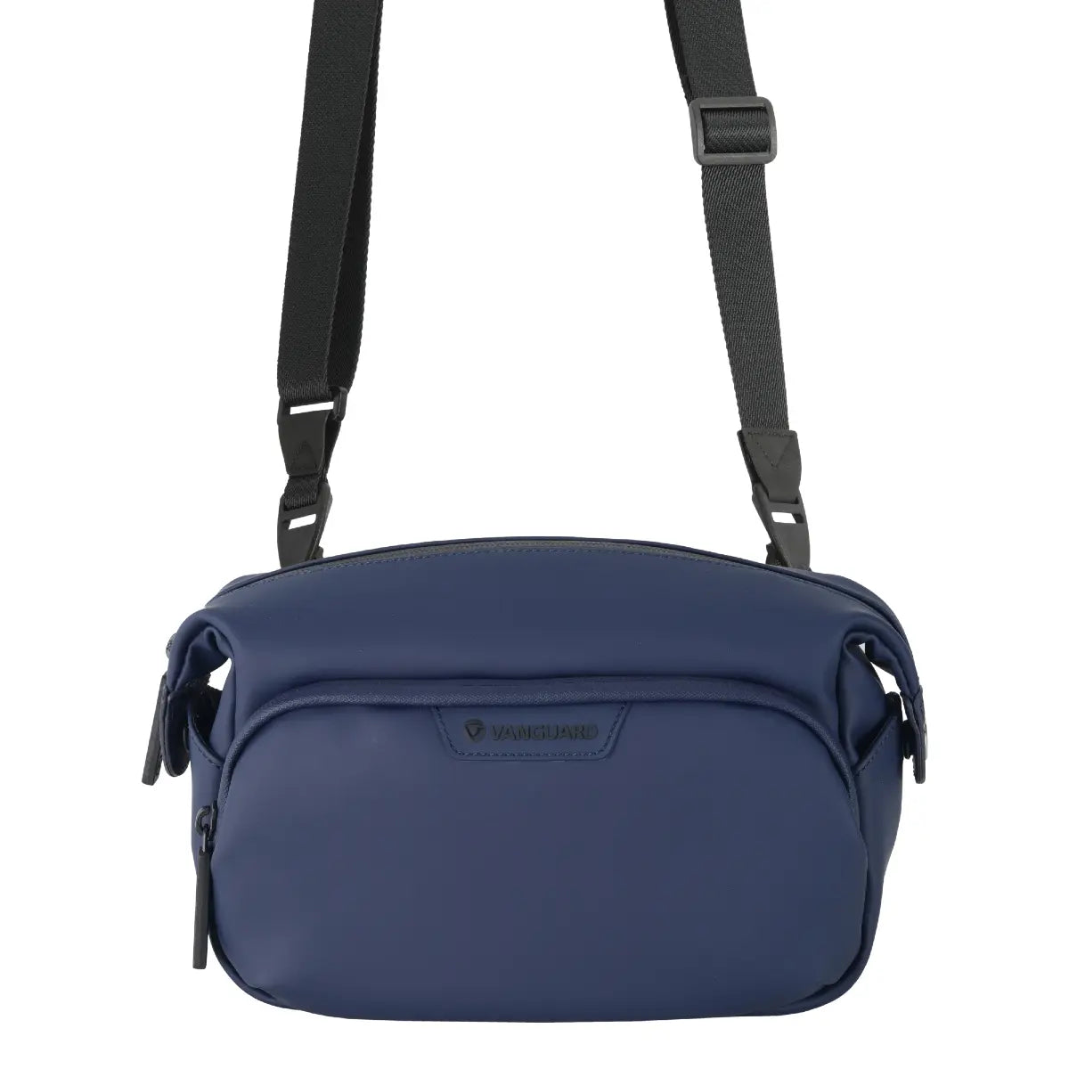Blue shoulder bag with a strap on a white background