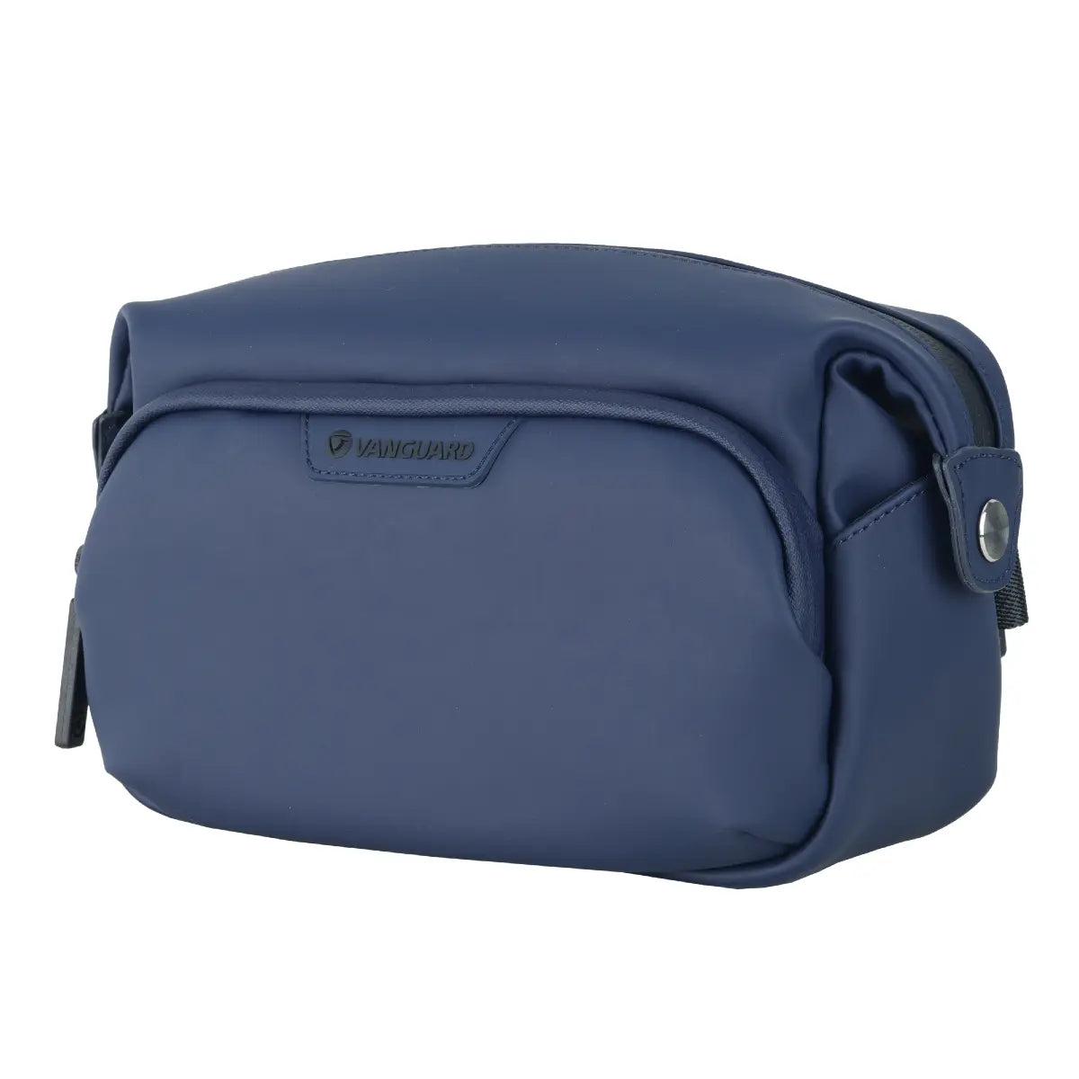 Blue toiletry bag with a visible brand logo on a white background