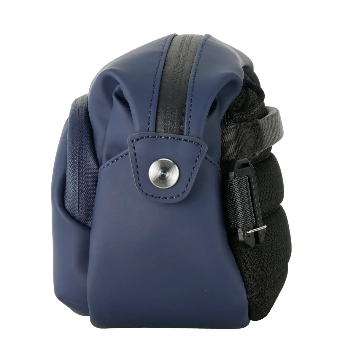 Blue camera bag with black straps on a white background