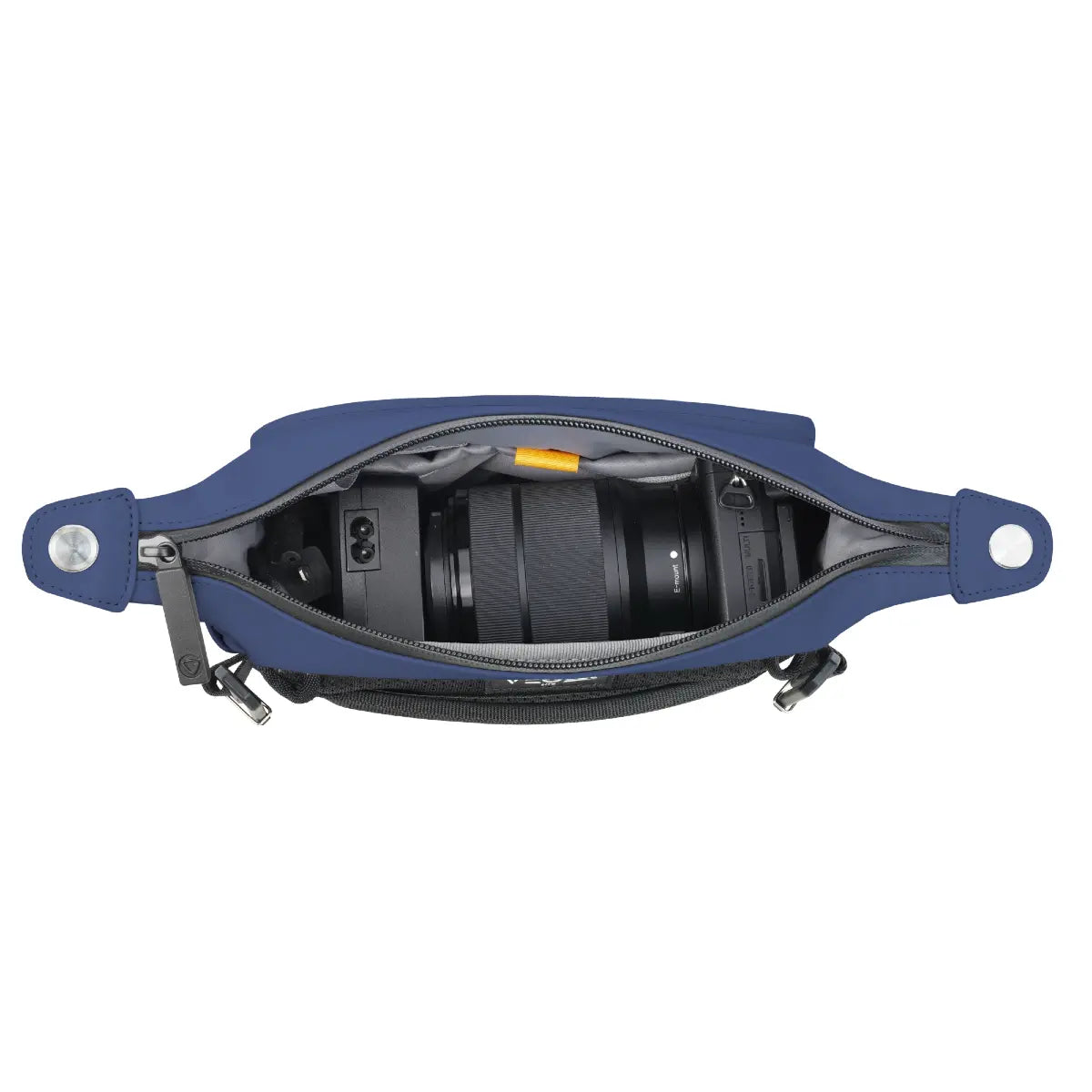 Blue camera bag with a lens inside on a white background