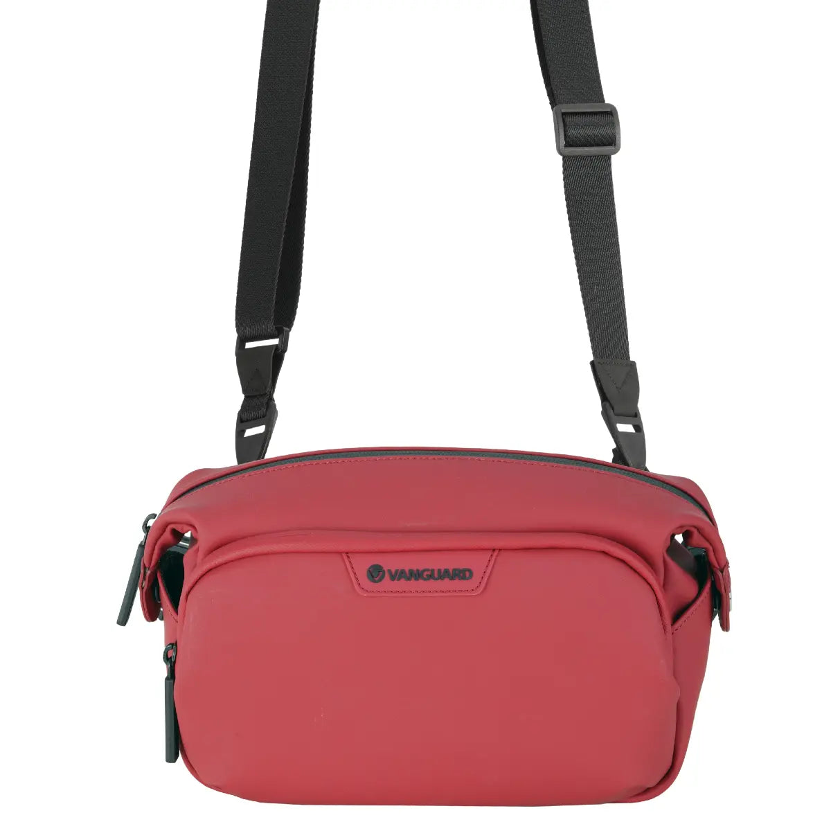 Red camera bag with black straps on a white background