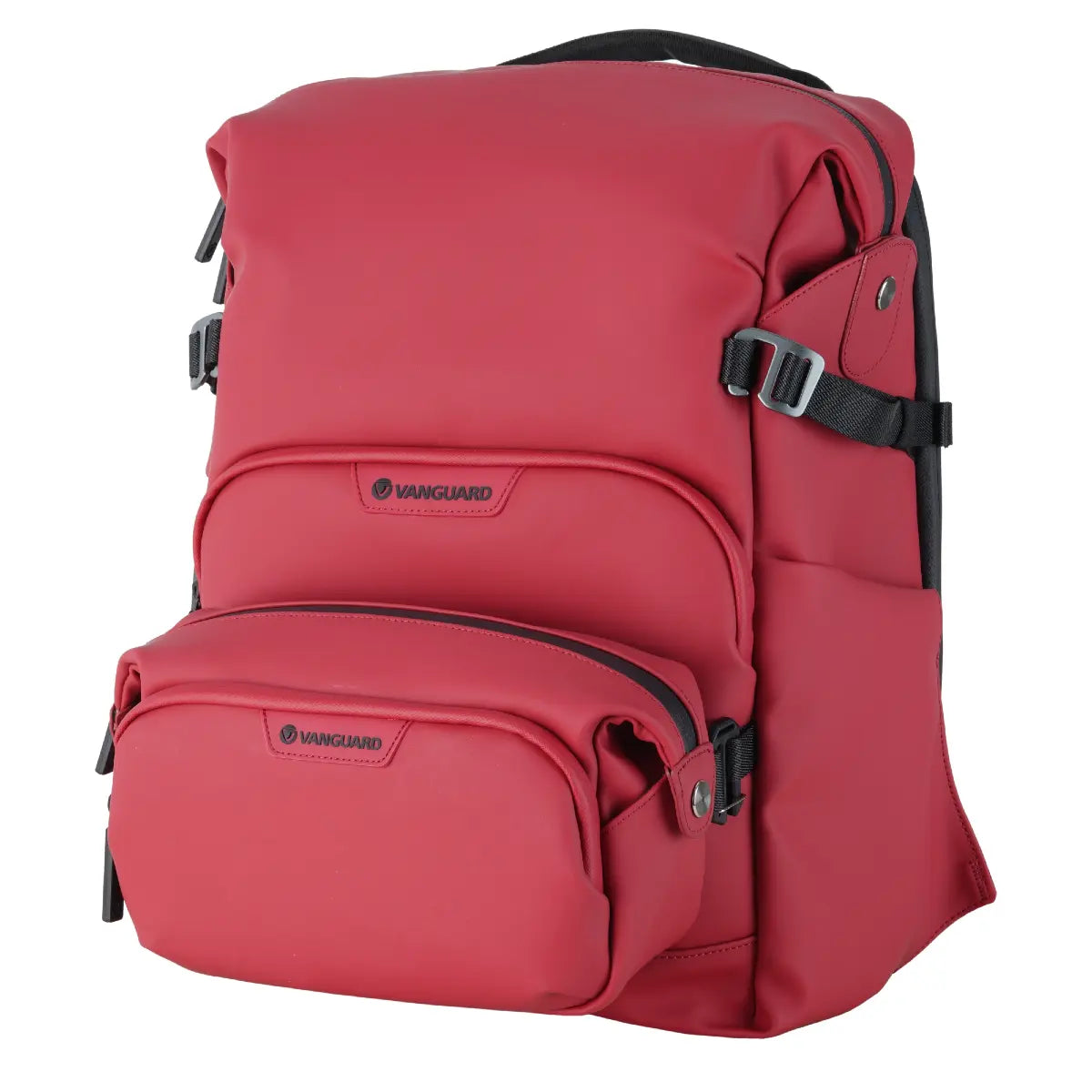 Red backpack with black straps on a white background