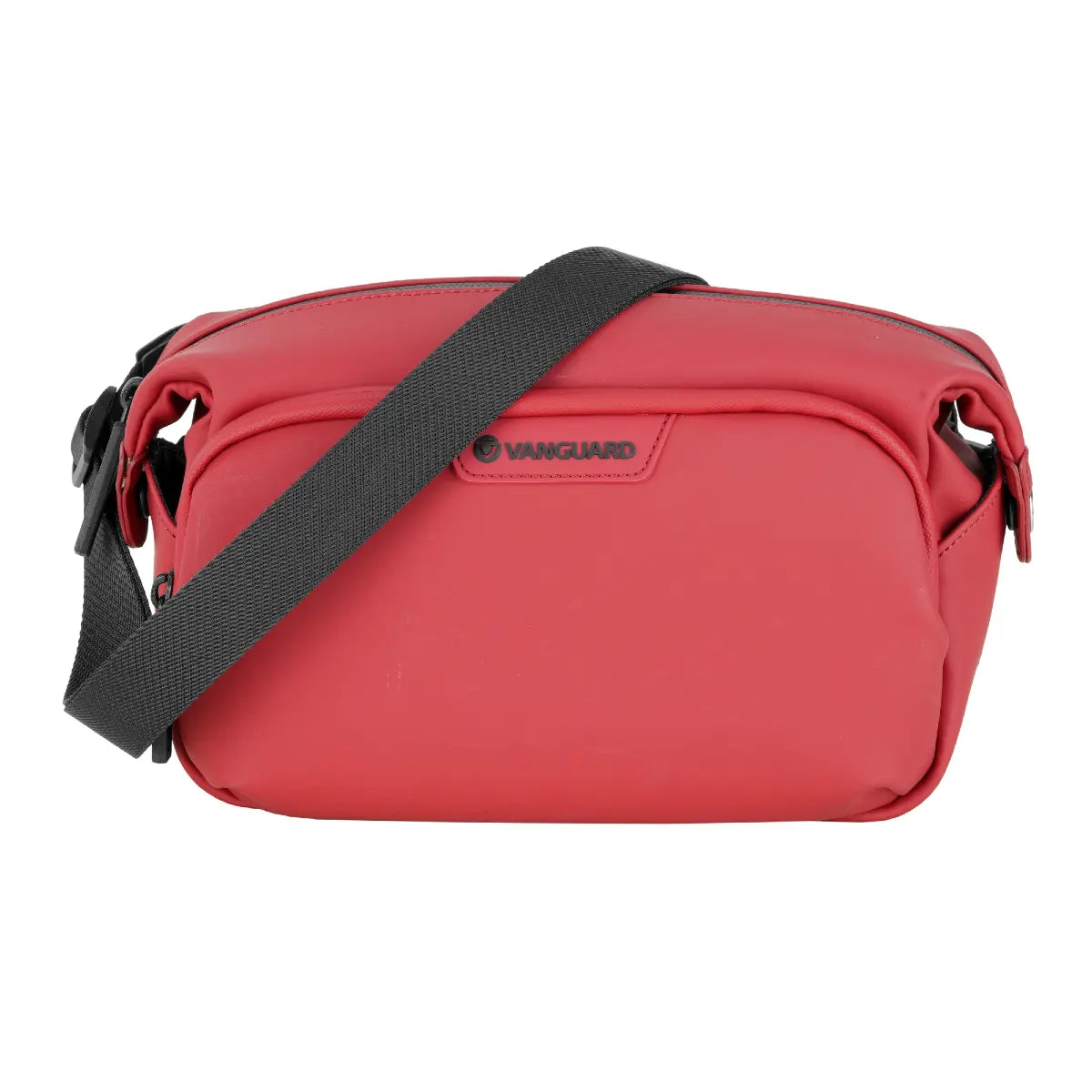 Red camera bag with black strap on a white background