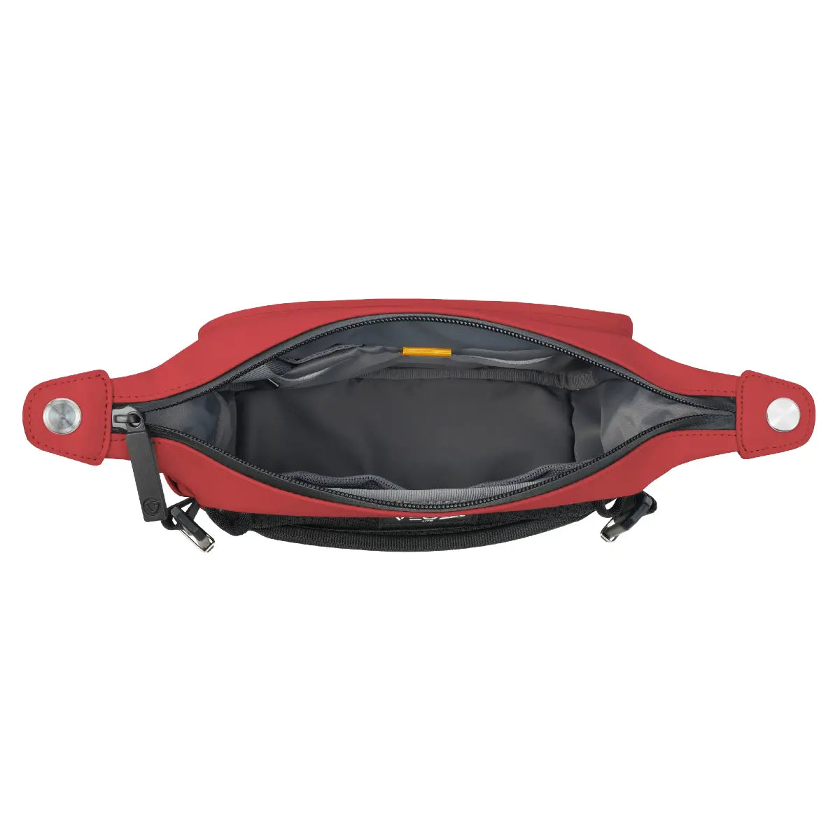 Red waist bag with open compartment on a white background