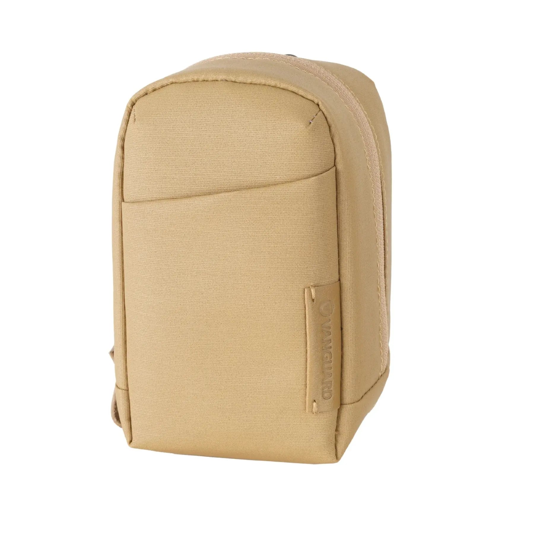 Tan backpack with a visible brand logo on a white background