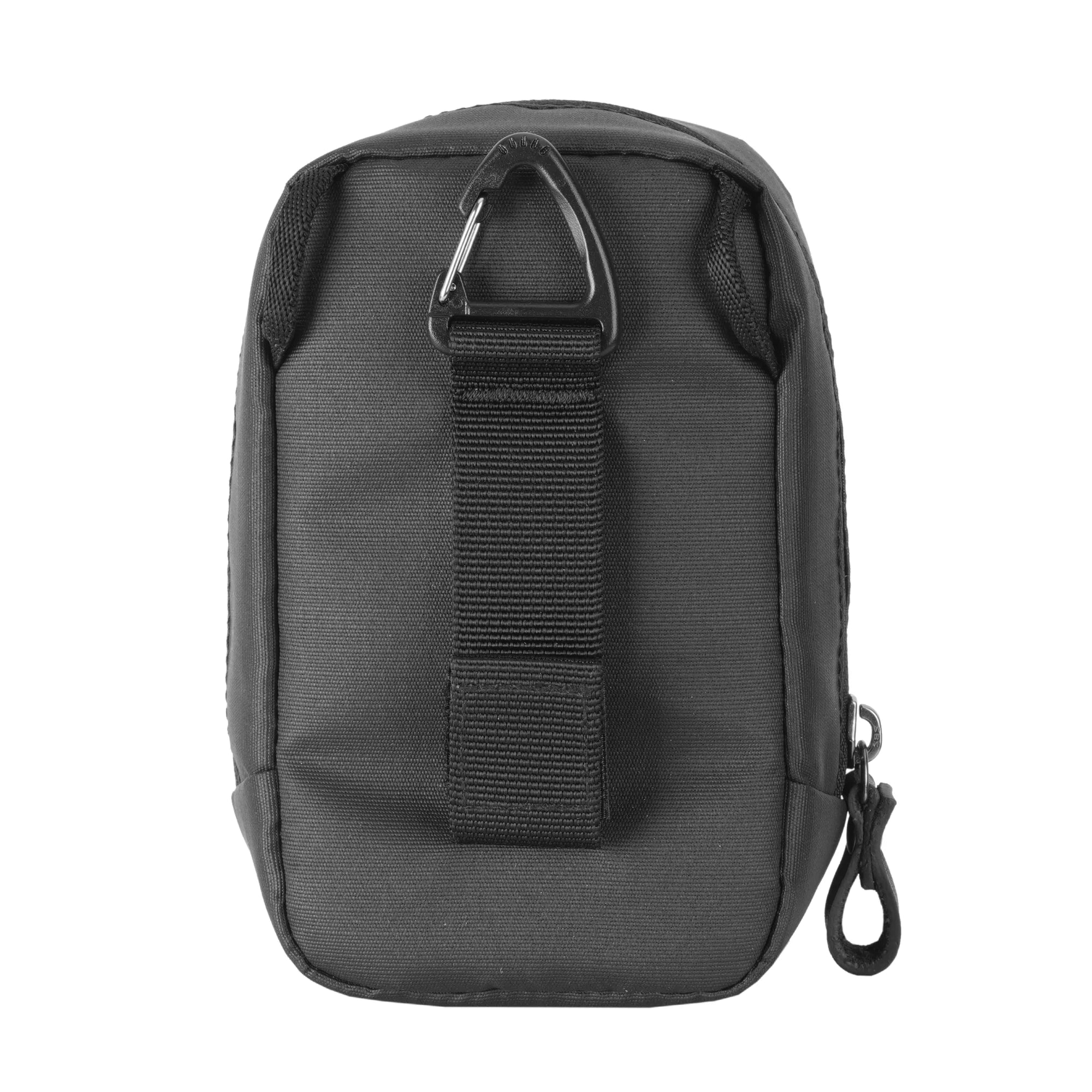Black tactical pouch with a strap on a white background