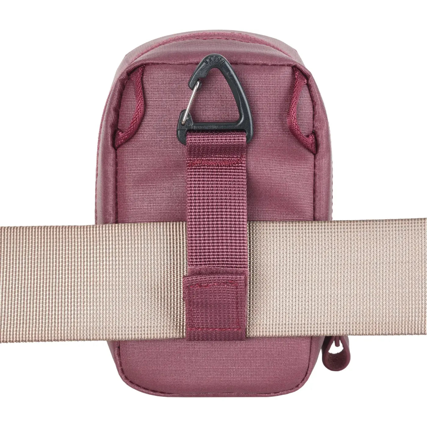 Maroon pouch with a carabiner attached to a beige strap on a white background