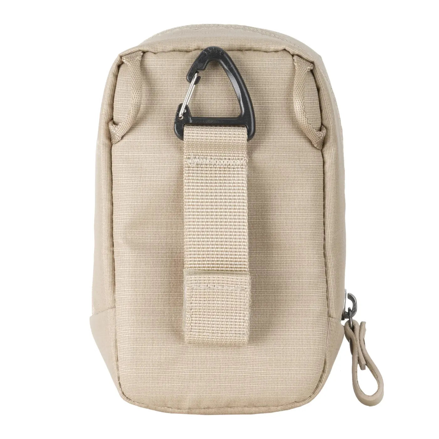 Beige tactical pouch with a carabiner on a white background