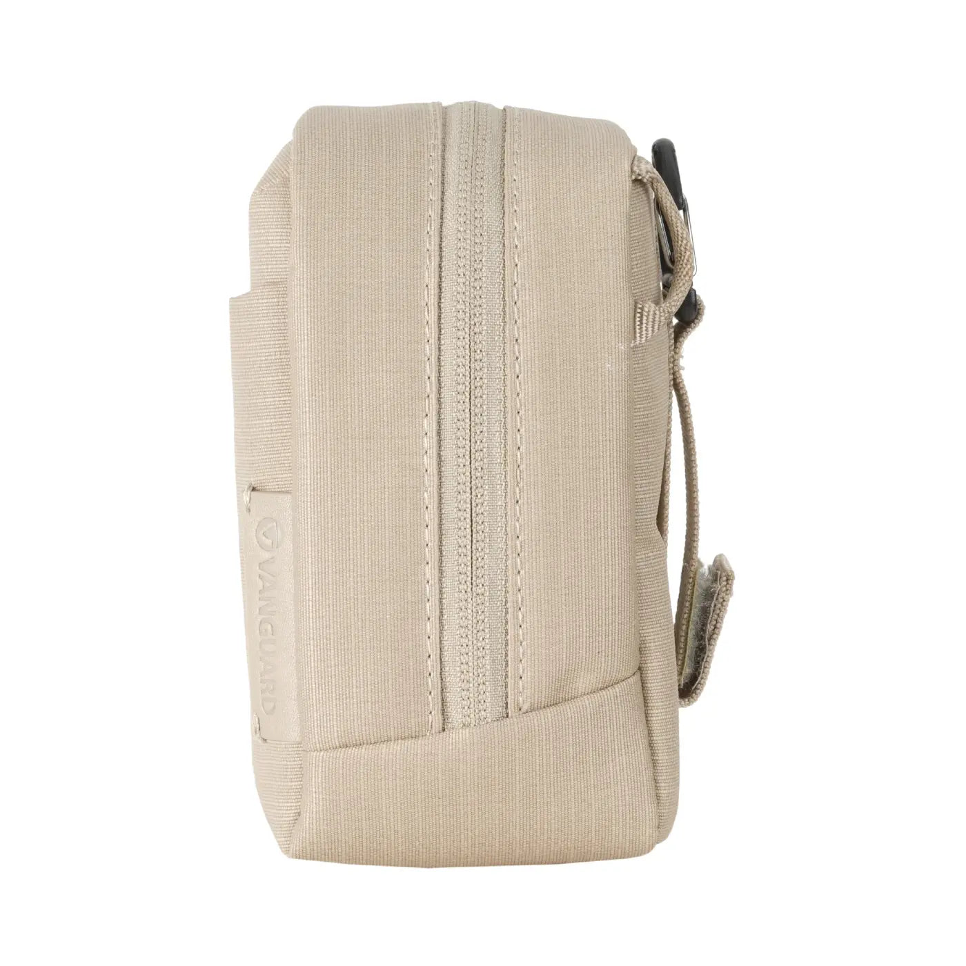 Beige tactical pouch with multiple compartments on a white background