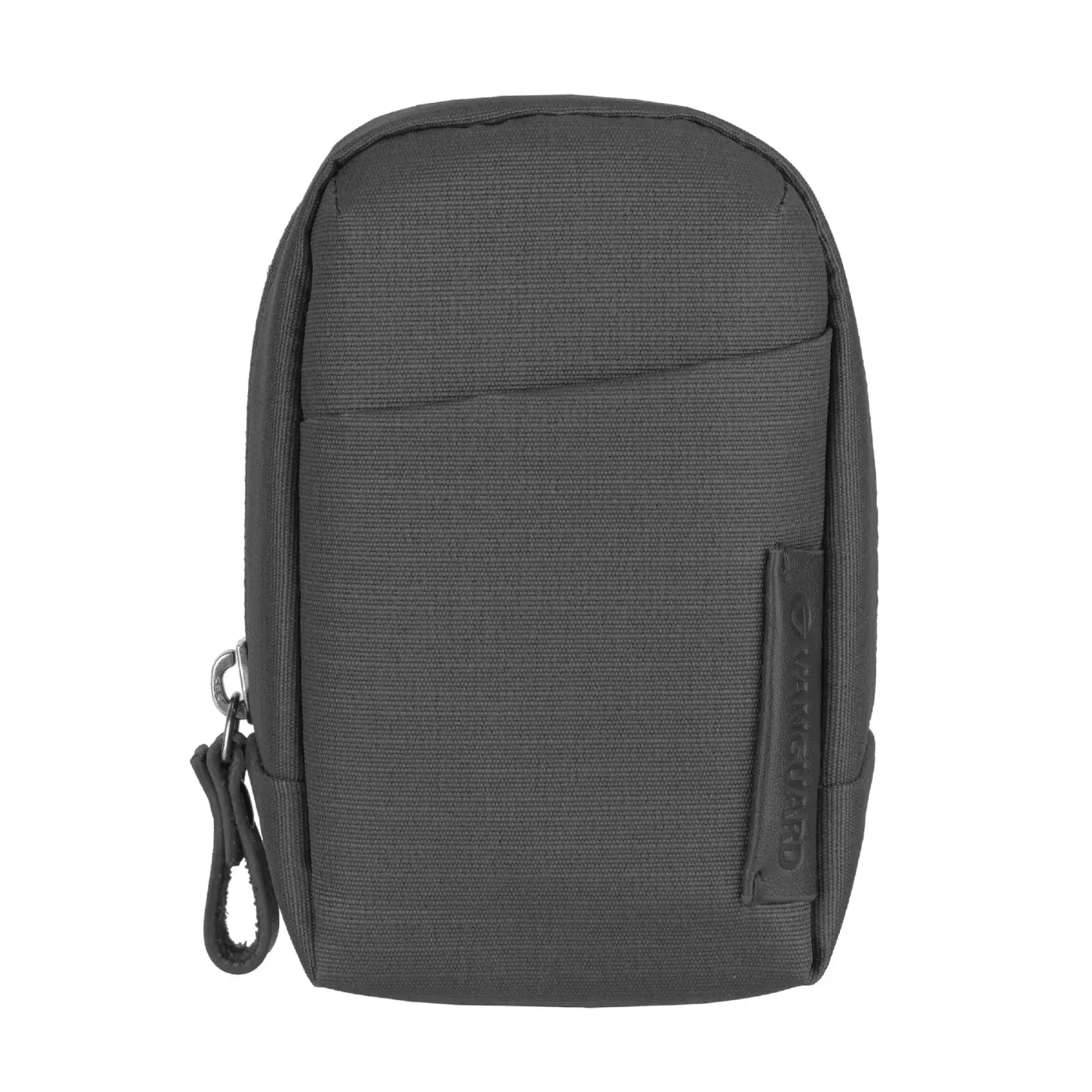 Gray backpack with a visible brand logo on a white background