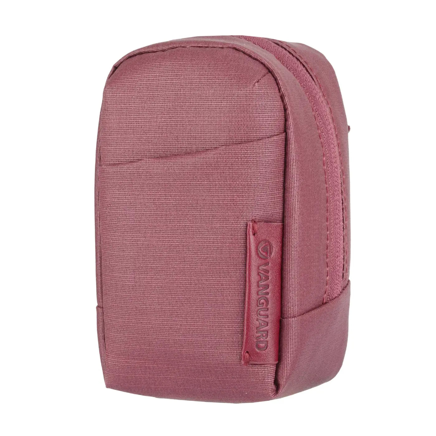 Pink pouch with a brand logo on a white background