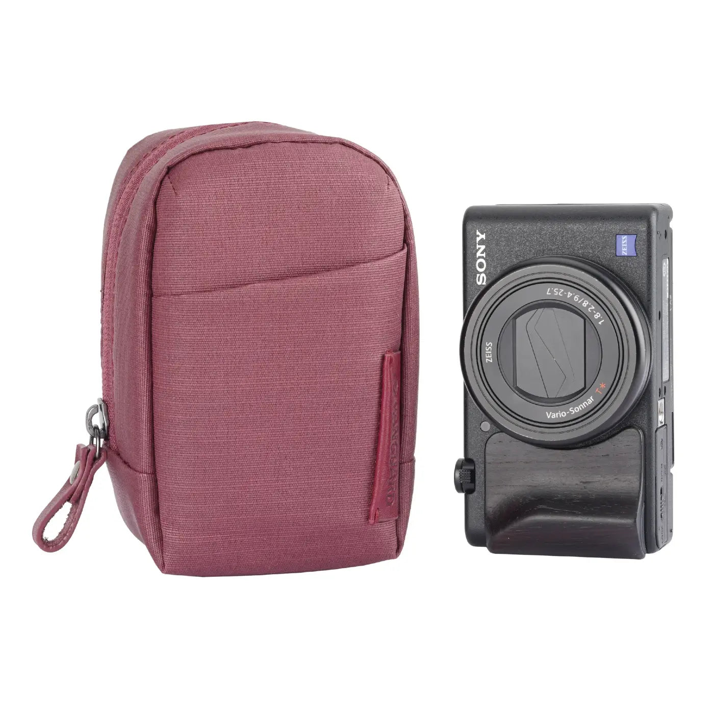 Pink camera case and Sony camera on a white background