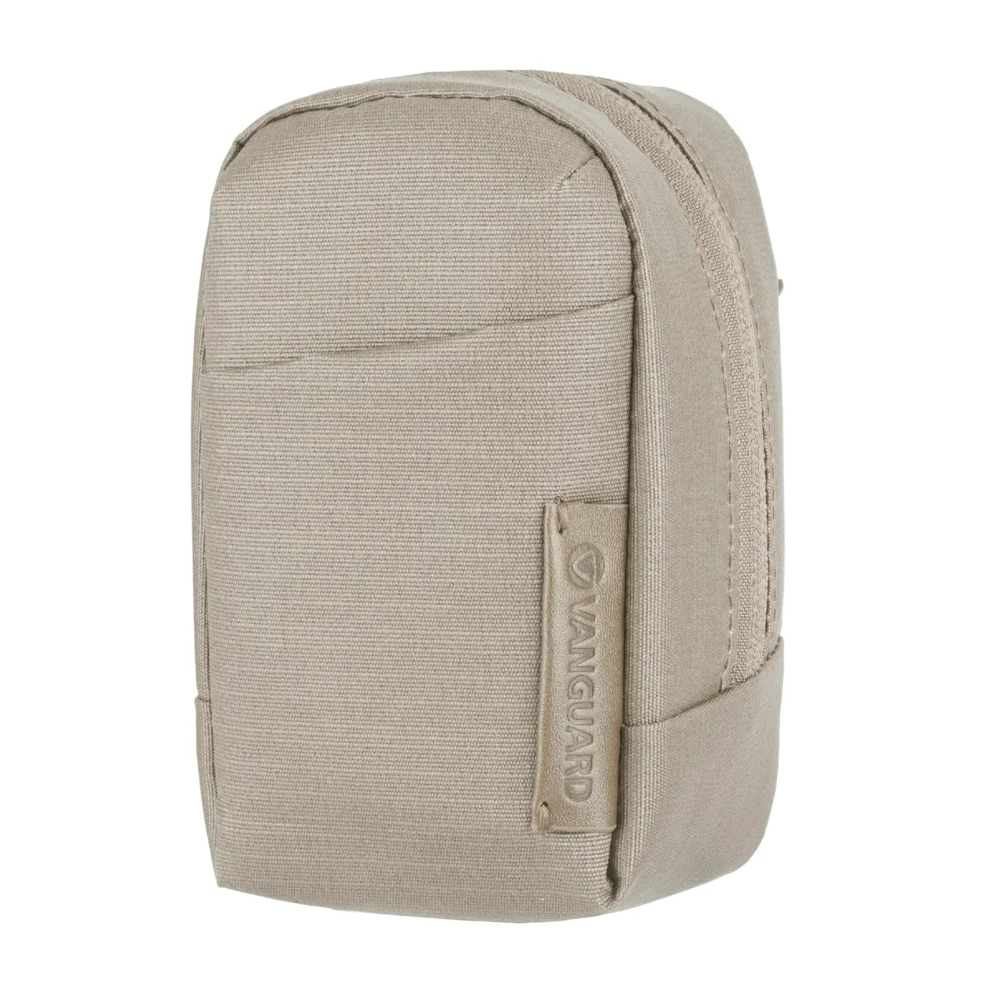 Beige pouch with a visible brand logo on a white background