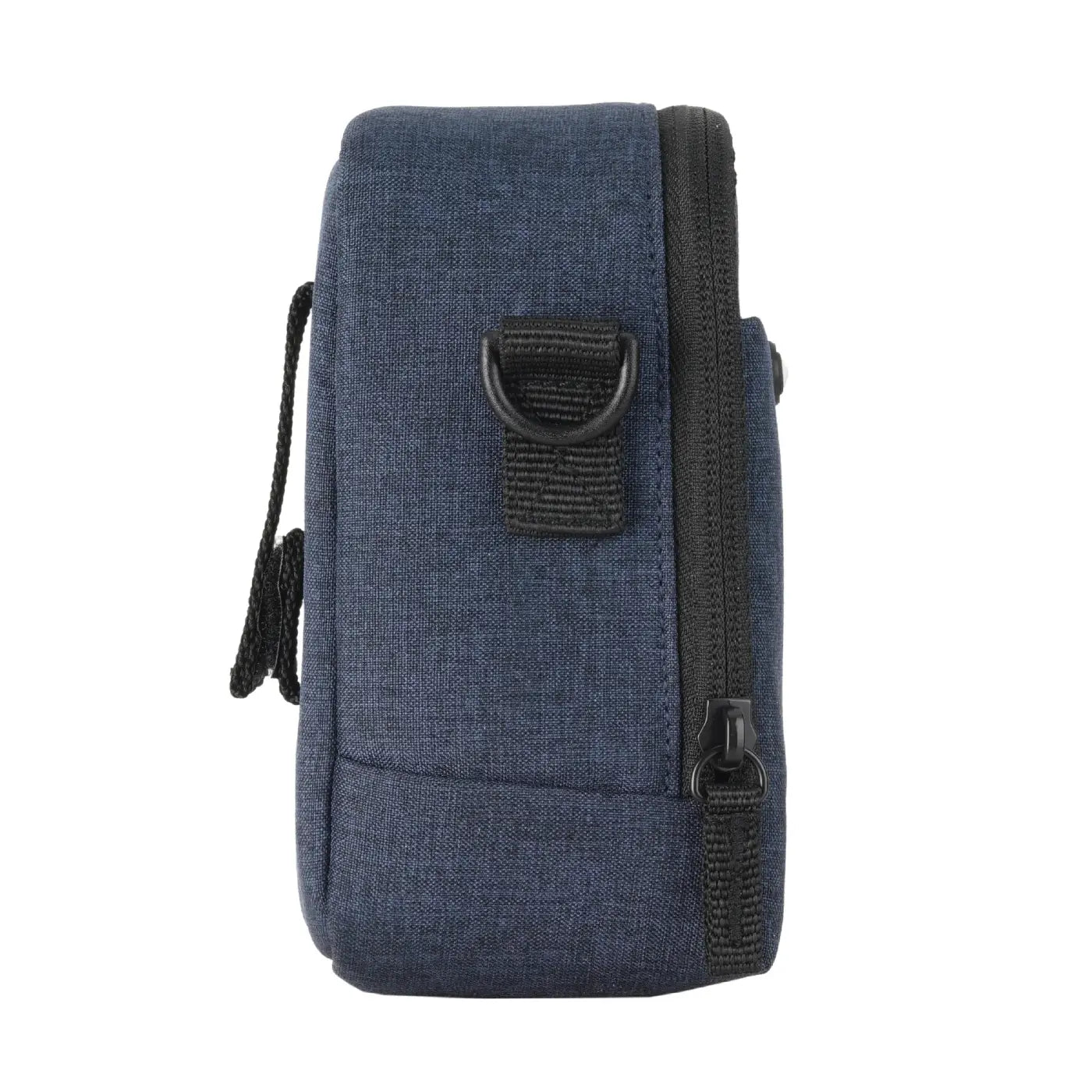 Blue fabric phone case with black strap and buckle on a white background
