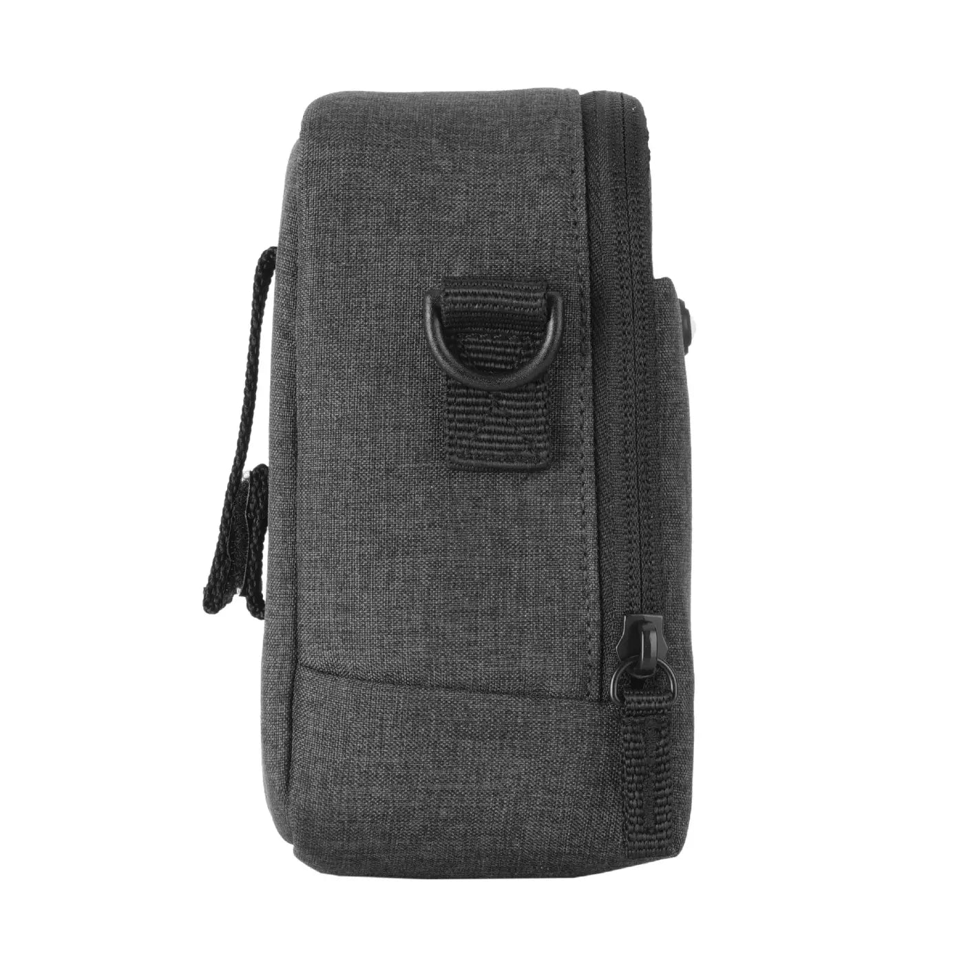 Gray fabric phone case with a black strap on a white background