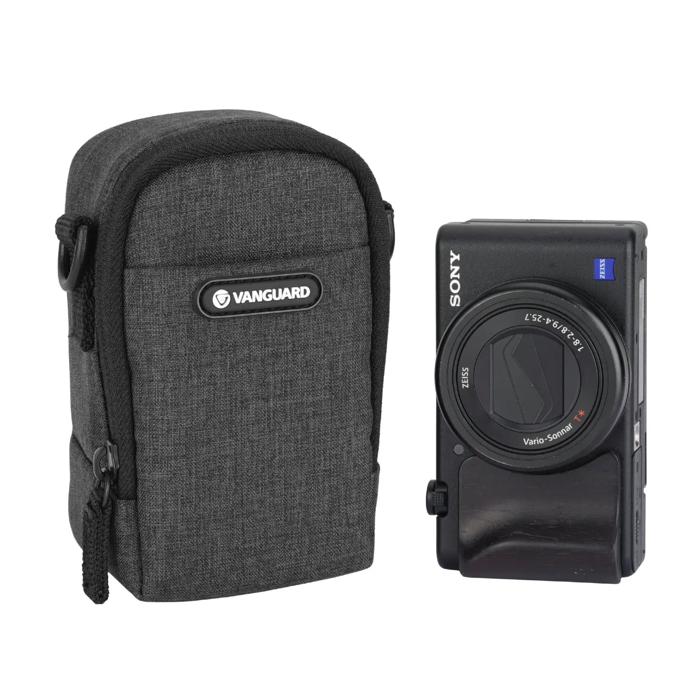 Gray camera case with Vanguard logo next to a black Sony camera on a white background