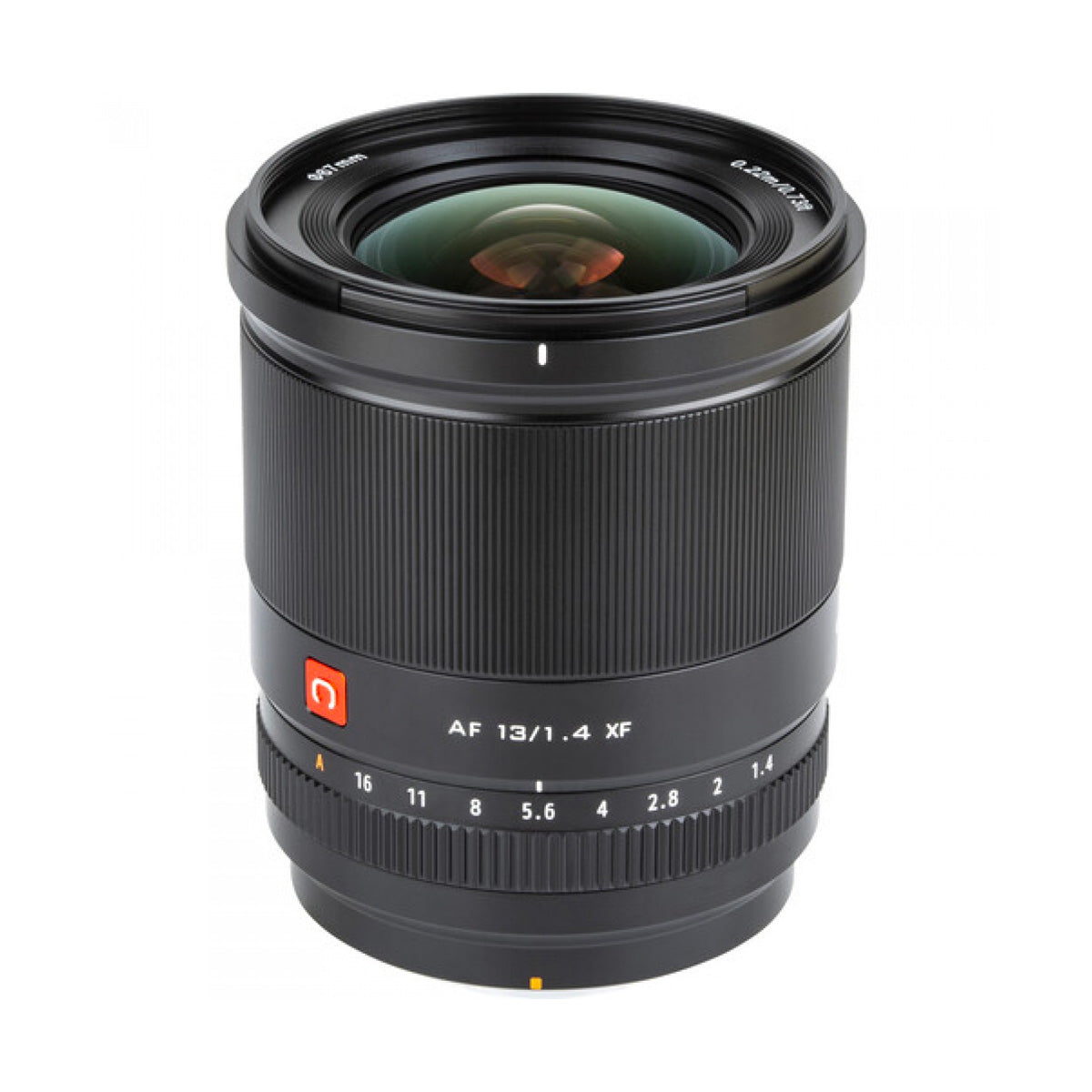 Product photo of the lens standing up with the glass showing