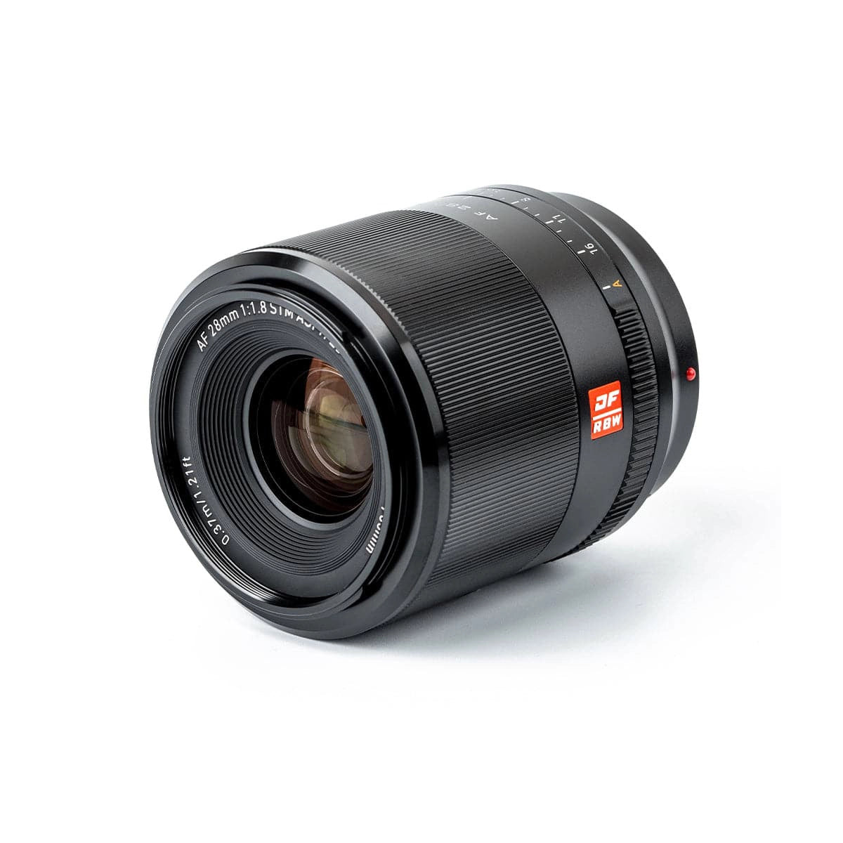 Viltrox AF 28mm F1.8 lens - Sony FE front angle from right side