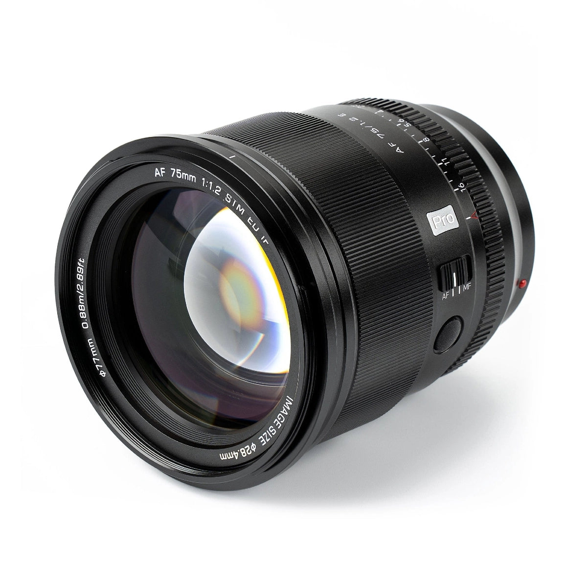 Viltrox AF 75mm F1.2 AF Lens - Sony E front angle from right side