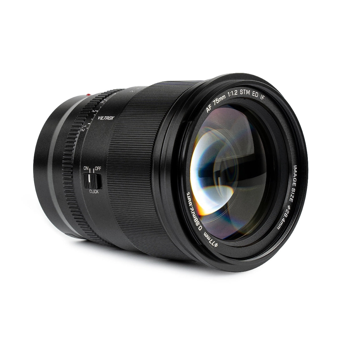 Viltrox AF 75mm F1.2 AF Lens - Sony E front angle from left side