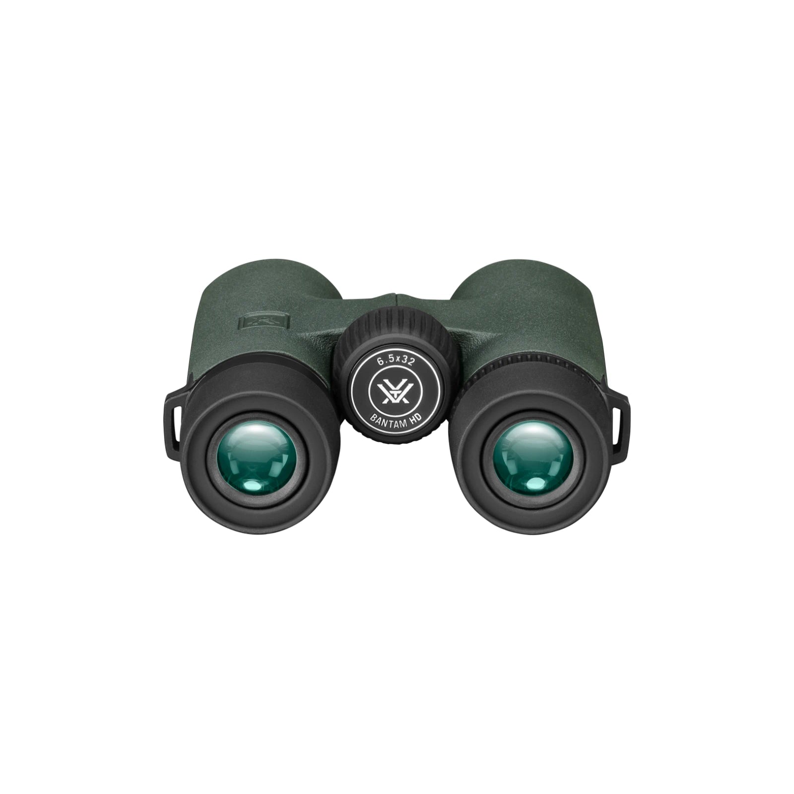 A pair of green and black binoculars with a central dial showing the Vortex brand logo, isolated on a white background.
