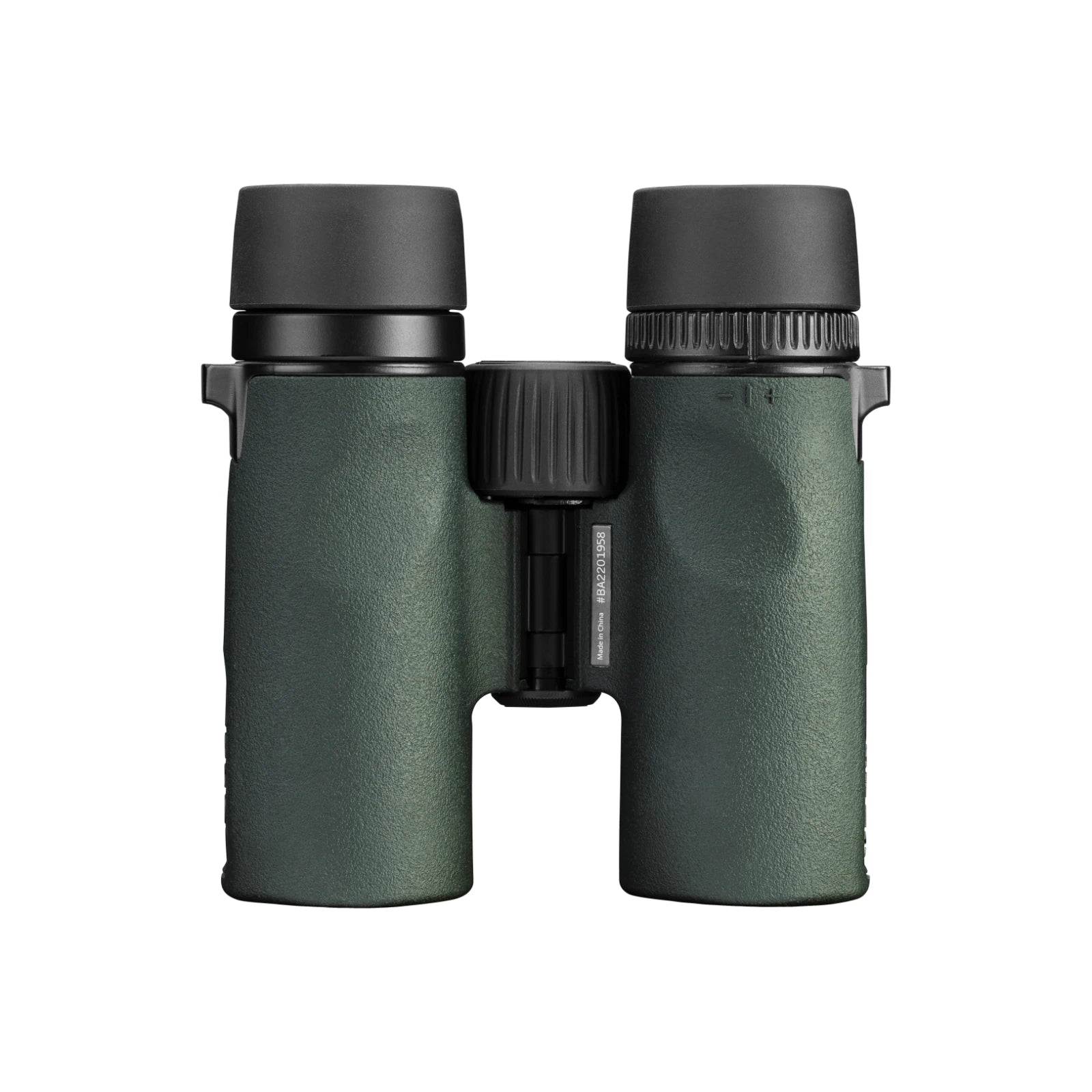 A pair of binoculars with textured dark green bodies and black eyecups and central hinge, shown against a plain white background.