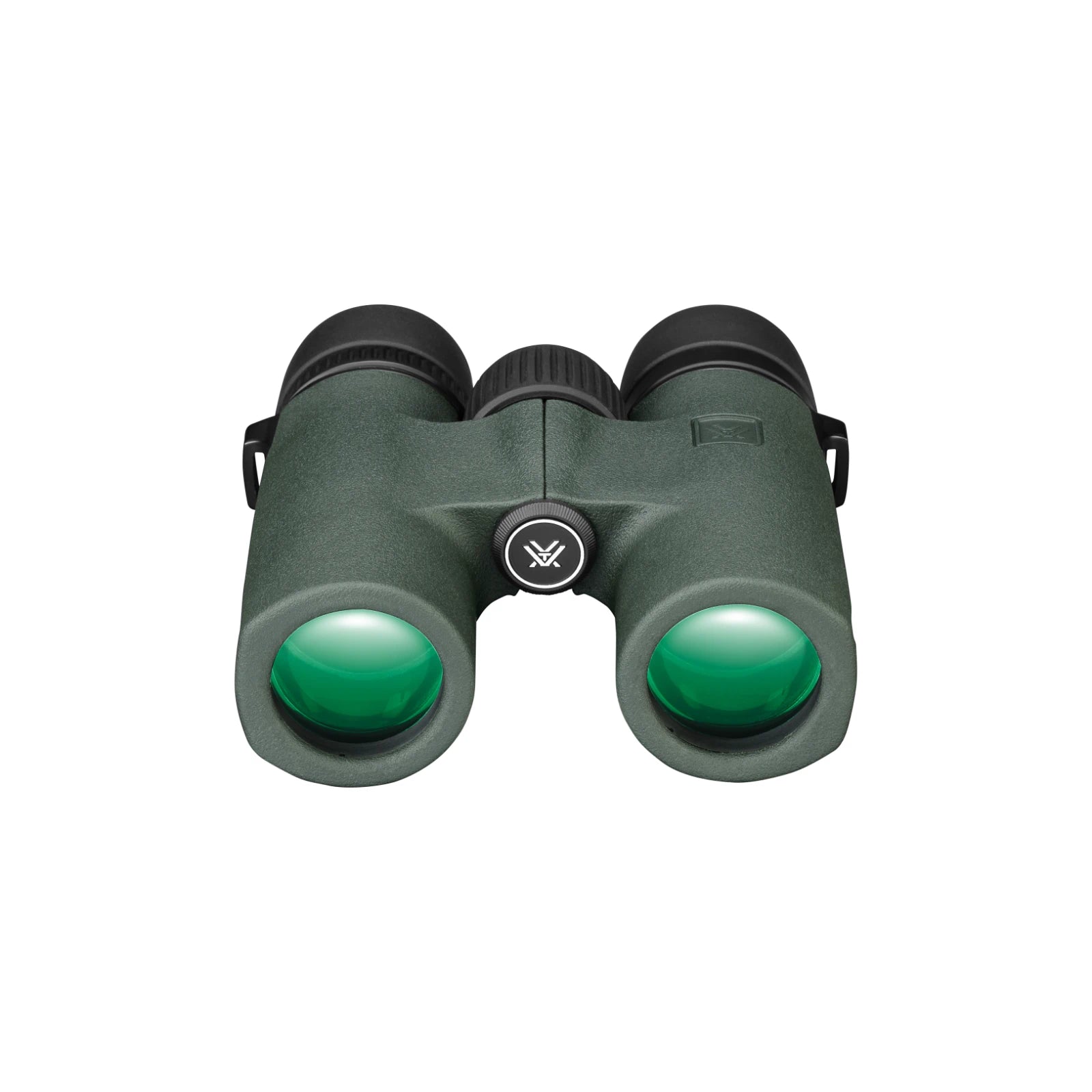 A pair of green binoculars with black eyecups and a central logo button, photographed against a solid white background.