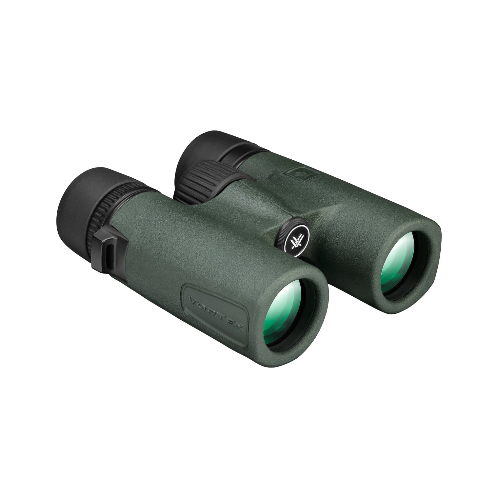 A pair of Vortex binoculars in matte dark green with black accents, shown at a three-quarter angle on a solid white background.