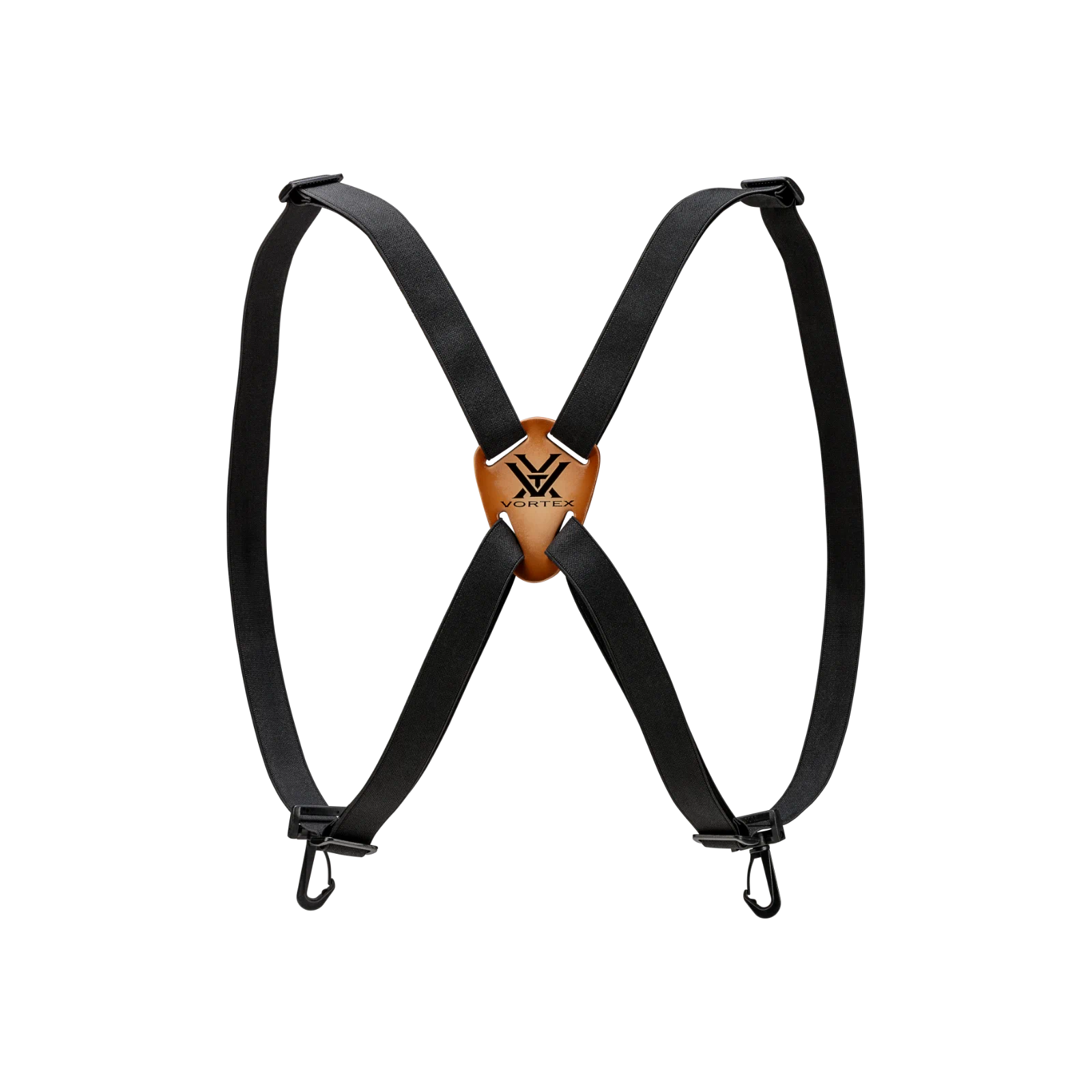 Black adjustable harness straps with a central brown leather patch featuring a black Vortex logo, displayed on a solid white background.