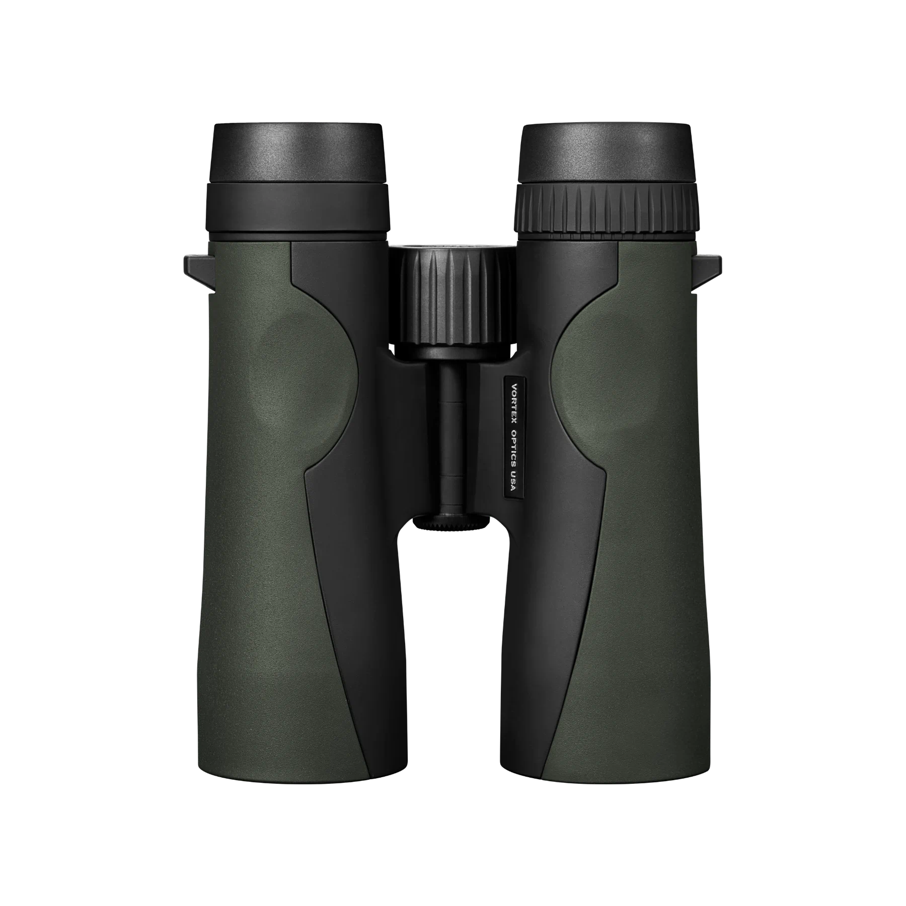 A pair of Vortex binoculars with matte black bodies and olive green accents, shown against a plain white background.