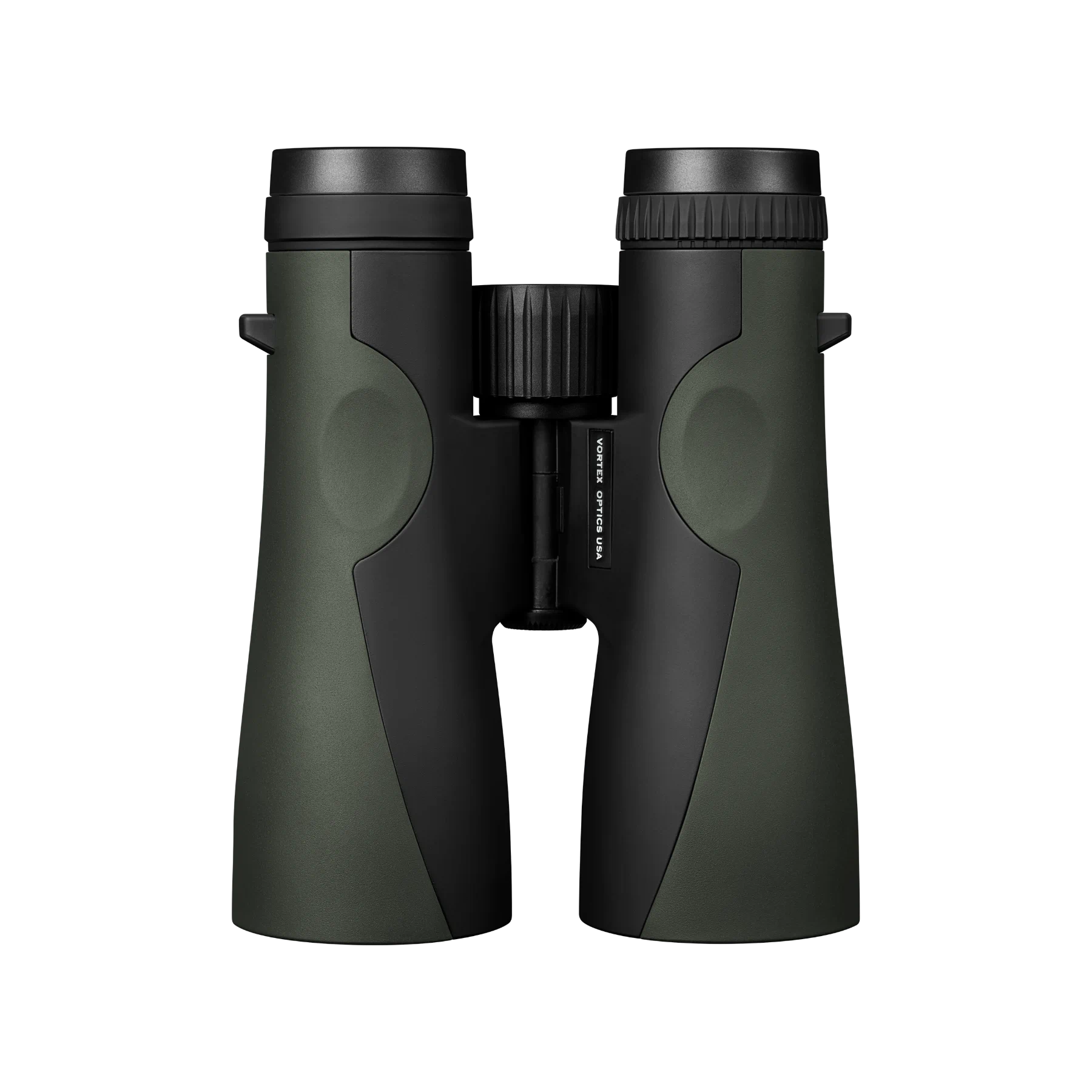A pair of Vortex binoculars in matte black and dark olive green, shown from the front against a solid white background.