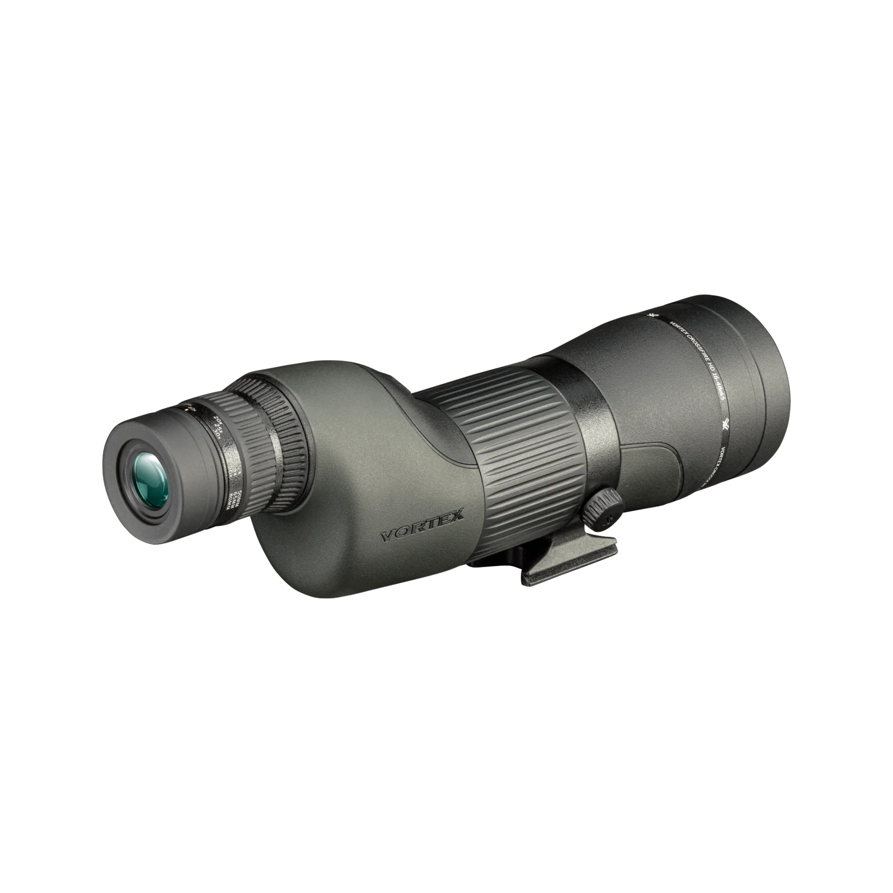 A Vortex spotting scope with a matte green body, shown at a three-quarter angle on a plain white background.