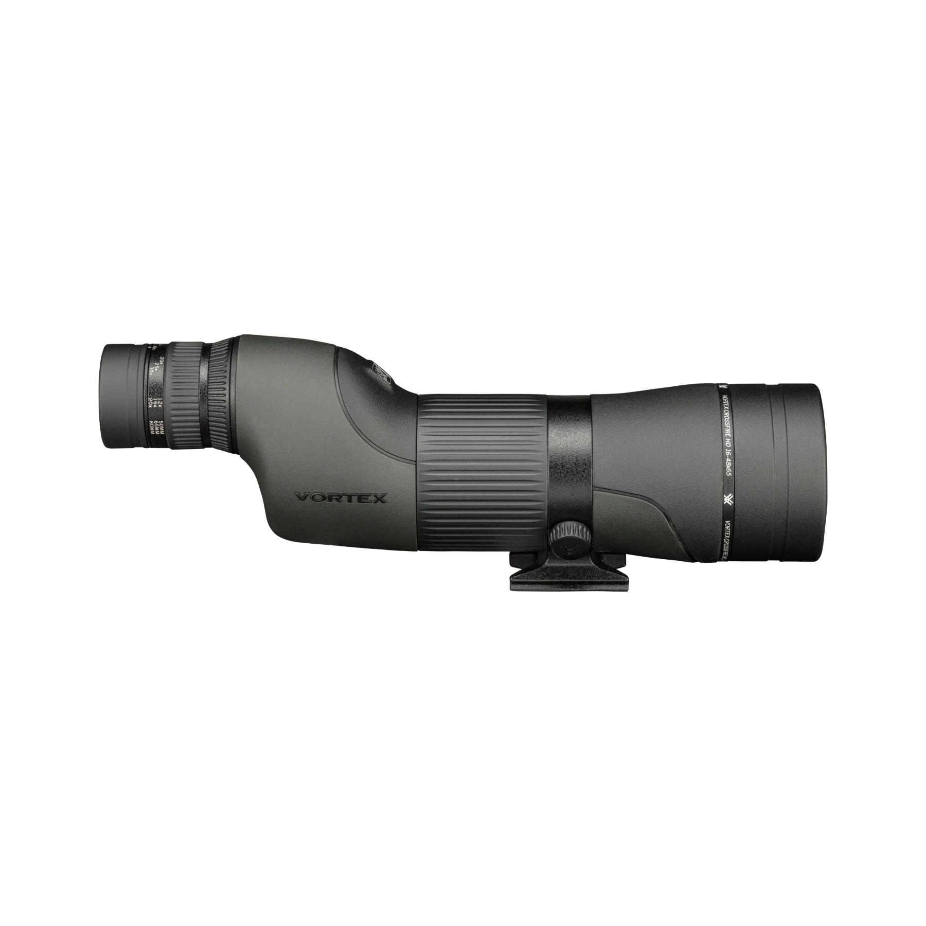 A Vortex spotting scope shown in profile against a solid white background.