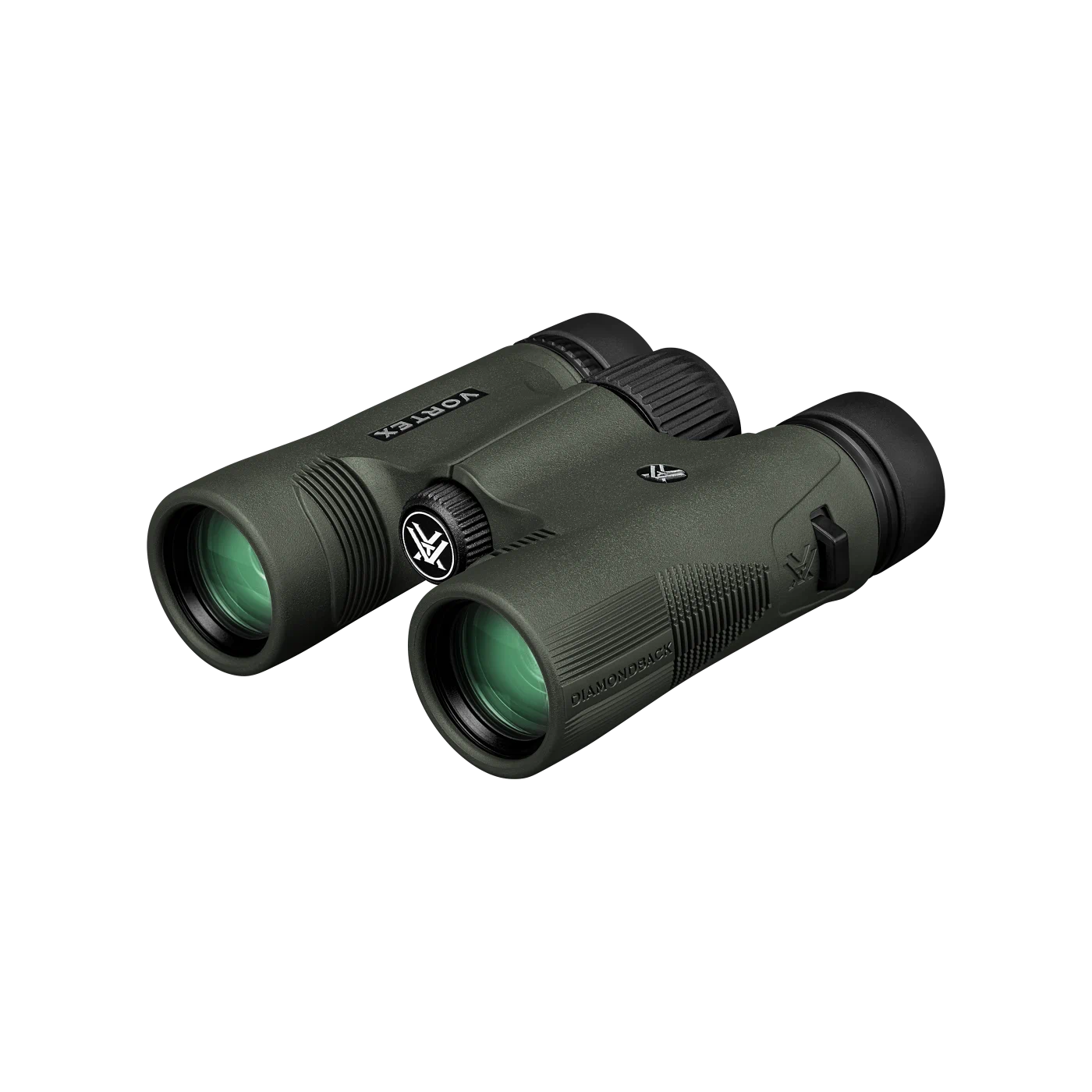 A pair of Vortex binoculars in matte dark green with black accents, shown at an angle on a plain white background.