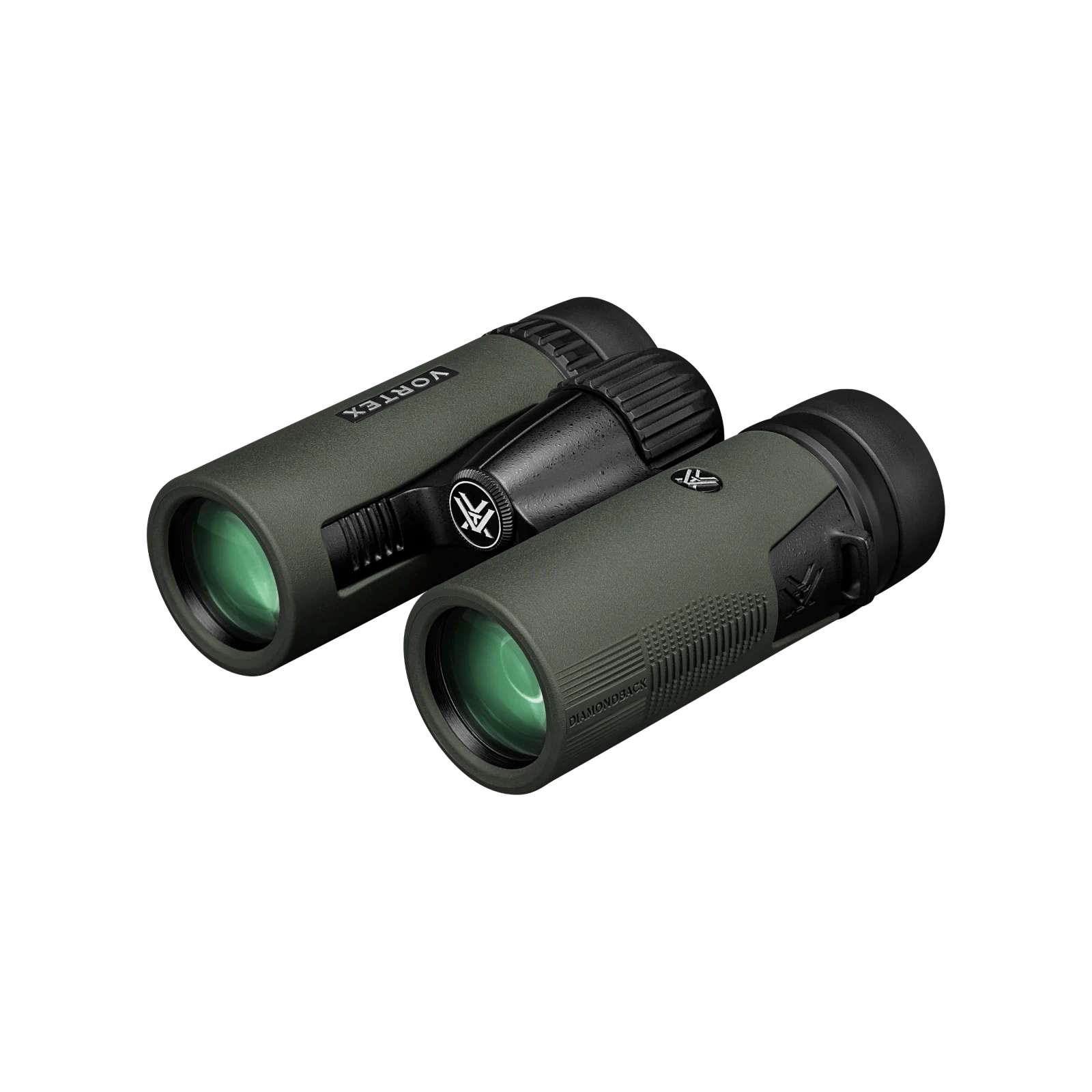A pair of Vortex binoculars in matte dark green and black, shown from a three-quarters perspective against a solid white background.
