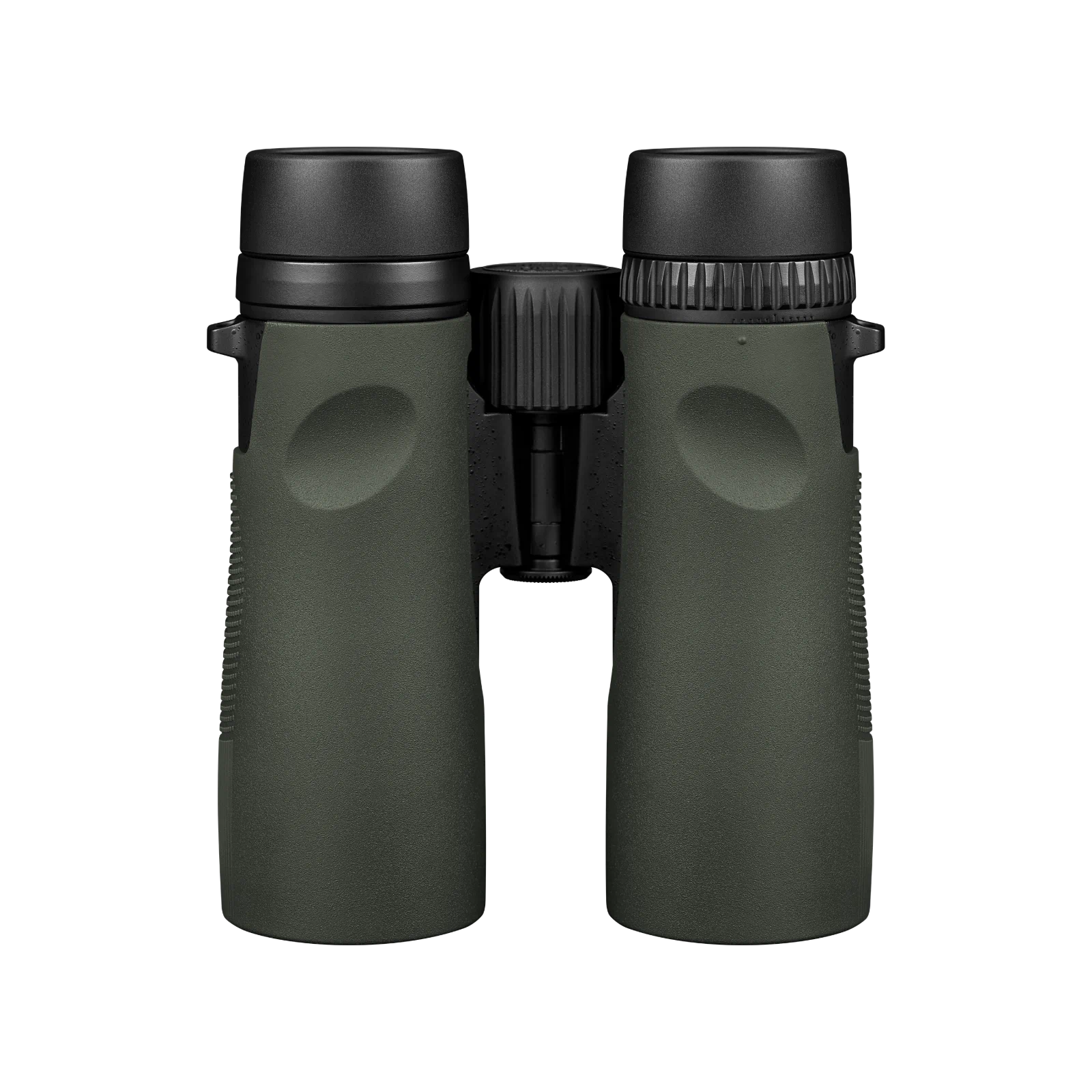 A pair of binoculars with matte dark green bodies and black eyecups and central hinge, shown against a plain white background.