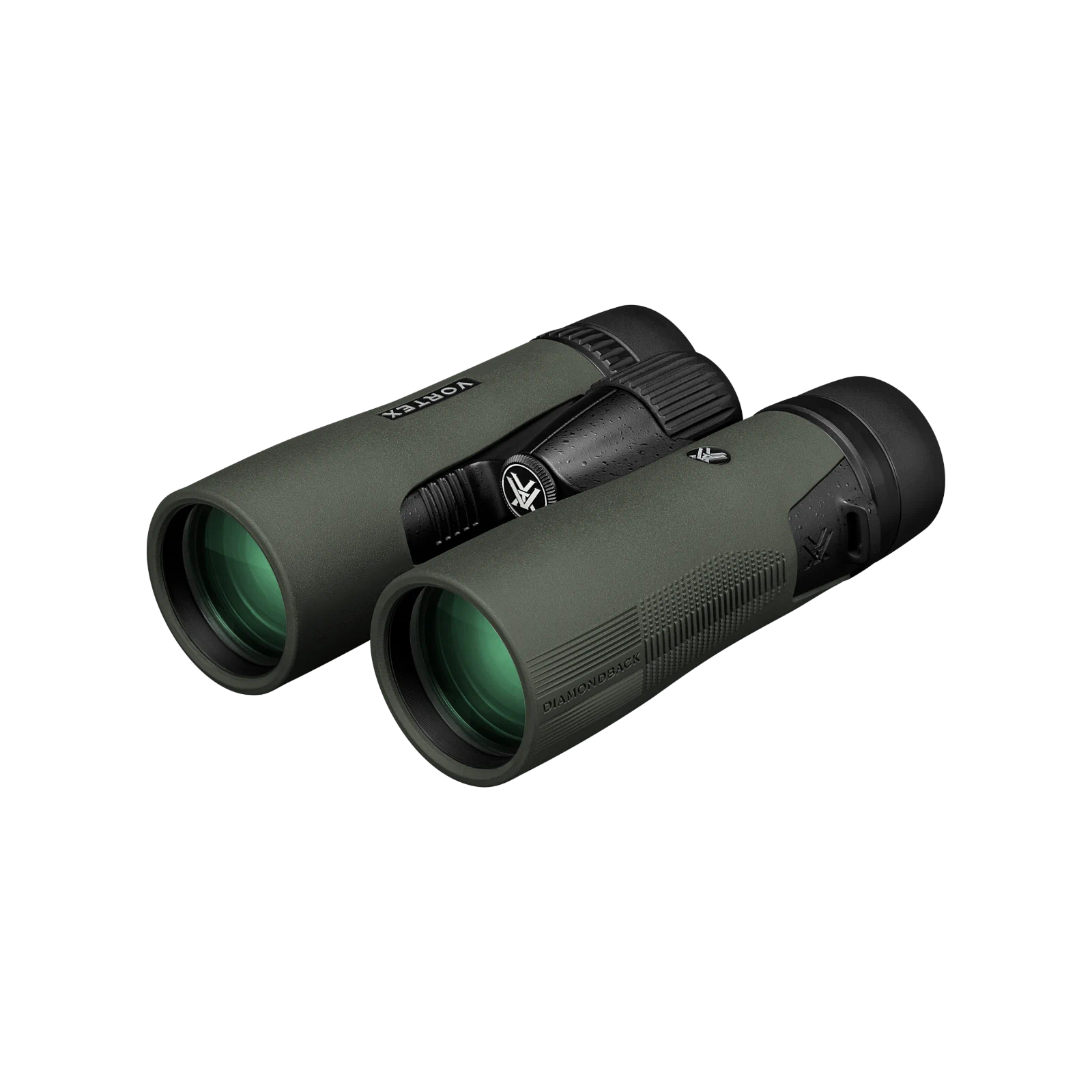 A pair of Vortex binoculars in matte dark green with black accents, shown at an angle on a plain white background.