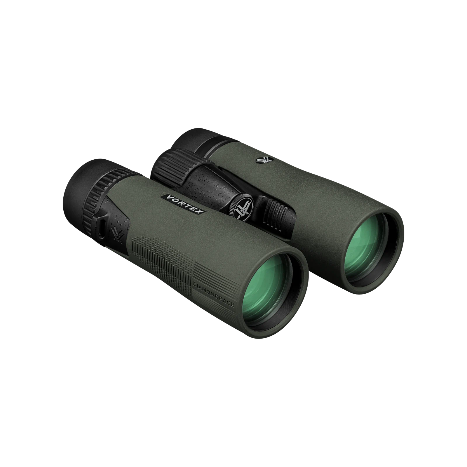 A pair of Vortex binoculars in matte dark green with black accents and green-tinted lenses, shown on a plain white background.