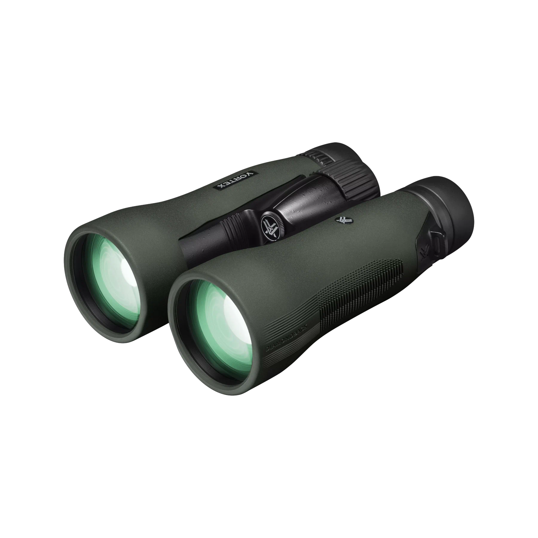 A pair of Vortex binoculars in matte dark green with black accents, shown at a three-quarter angle on a solid white background.