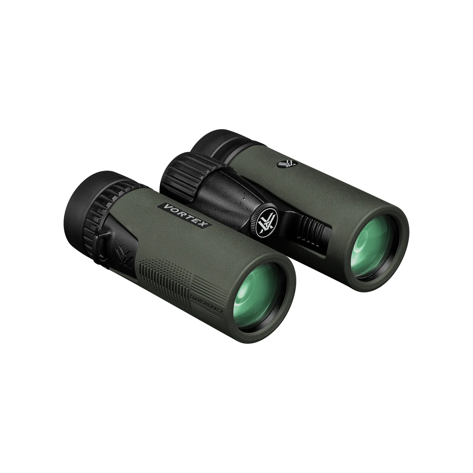 A pair of Vortex binoculars in matte dark green with black accents, shown on a clean white background.