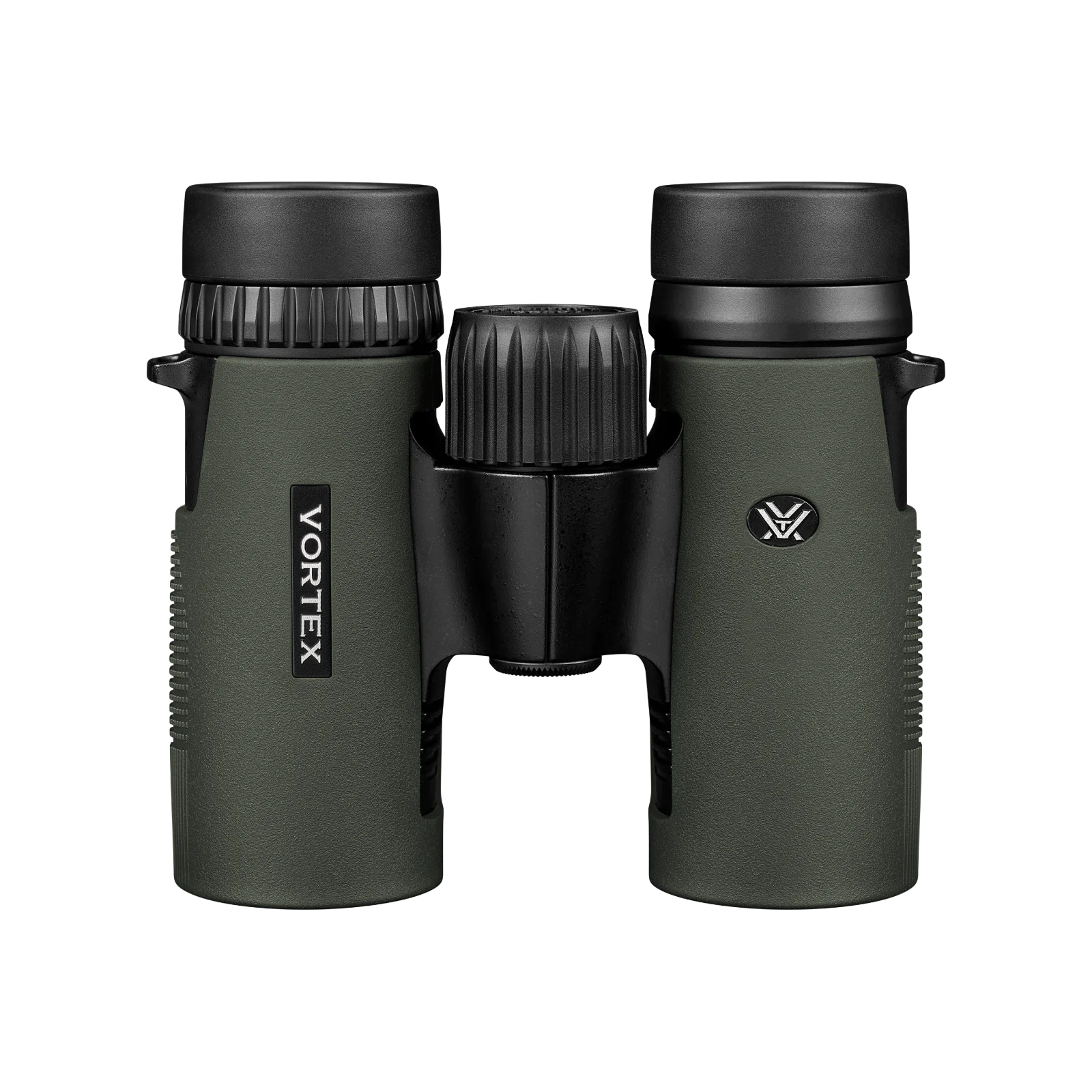 Vortex binoculars in matte dark green with black focusing knobs, shown against a plain white background.