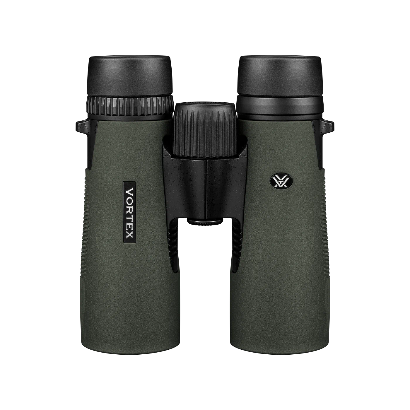 Vortex binoculars in matte dark green with black eyecups and central focusing knob, shown against a plain white background.