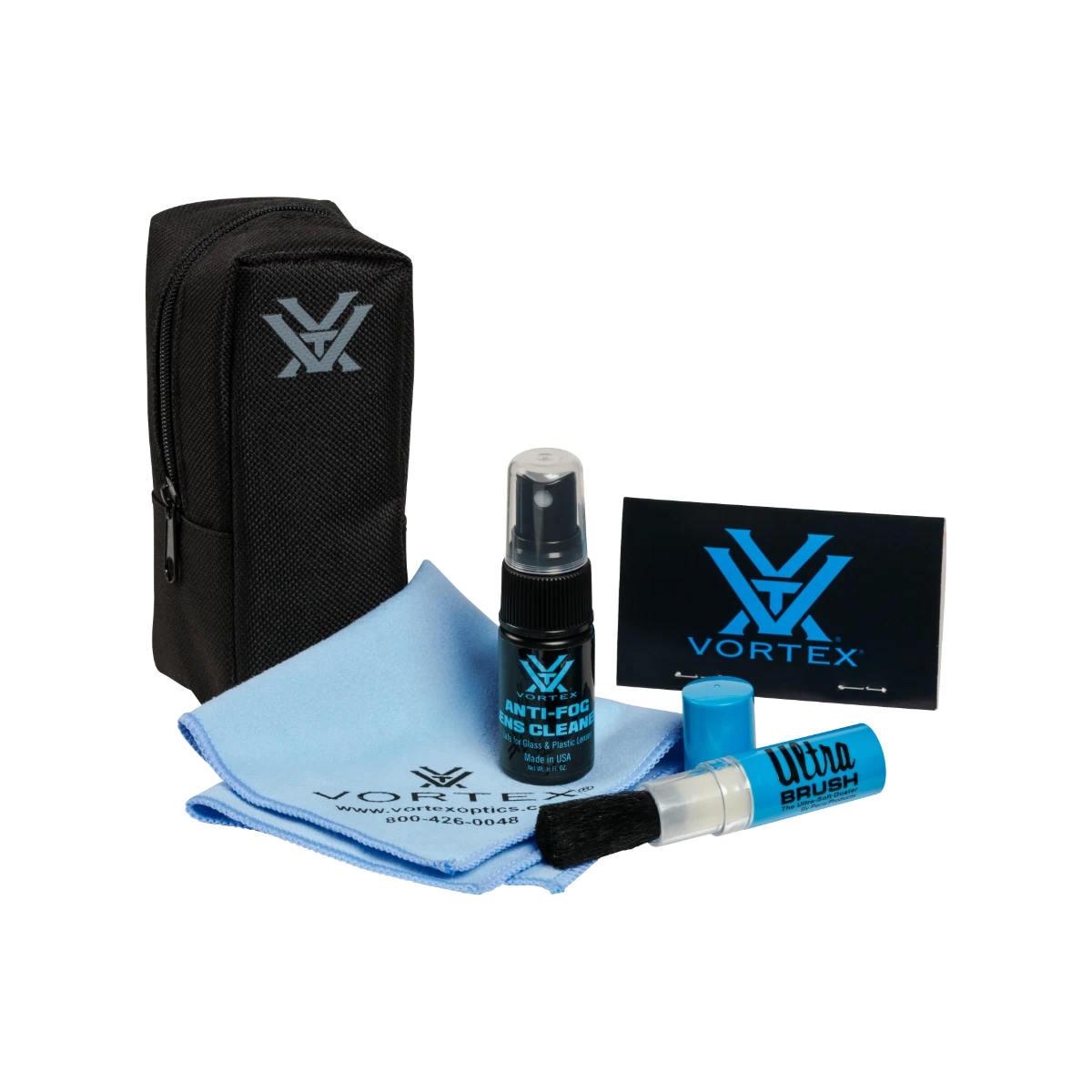 Vortex brand car detailing kit on a white background, including a black zippered pouch, blue microfiber cloth, spray bottle, blue cap, and blue brush with Vortex branding.