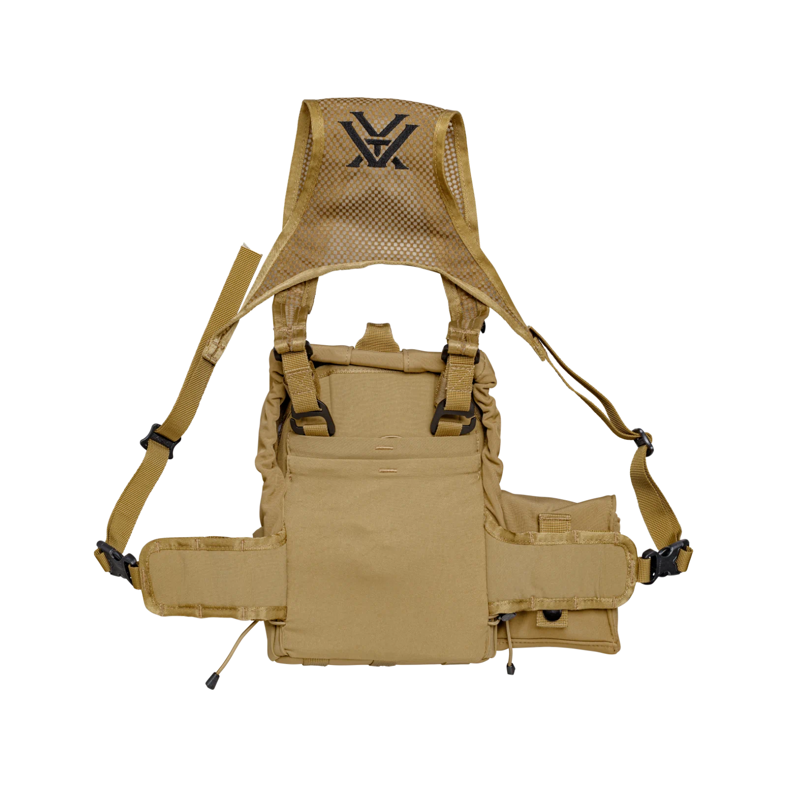 A tan tactical harness with multiple front pouches, adjustable shoulder straps, and a black logo on the padded top panel, shown against a plain white background.
