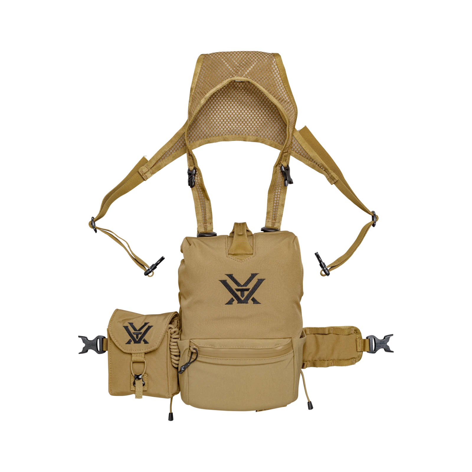 A tan tactical harness with shoulder straps, a front zippered pocket, a side flap pouch, and a black stylized logo on the front, shown against a plain white background.